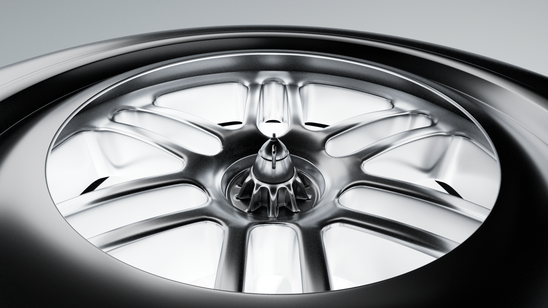 Close-up of a chrome F1 wheel rim, Formula 1 2026 opening titles, 3D production by DissEmbargo