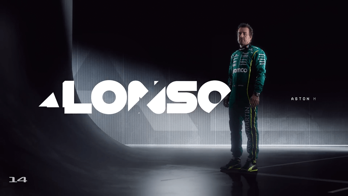 Fernando Alonso with Alonso name graphic, Formula 1 2026 opening titles, 3D production by DissEmbargo