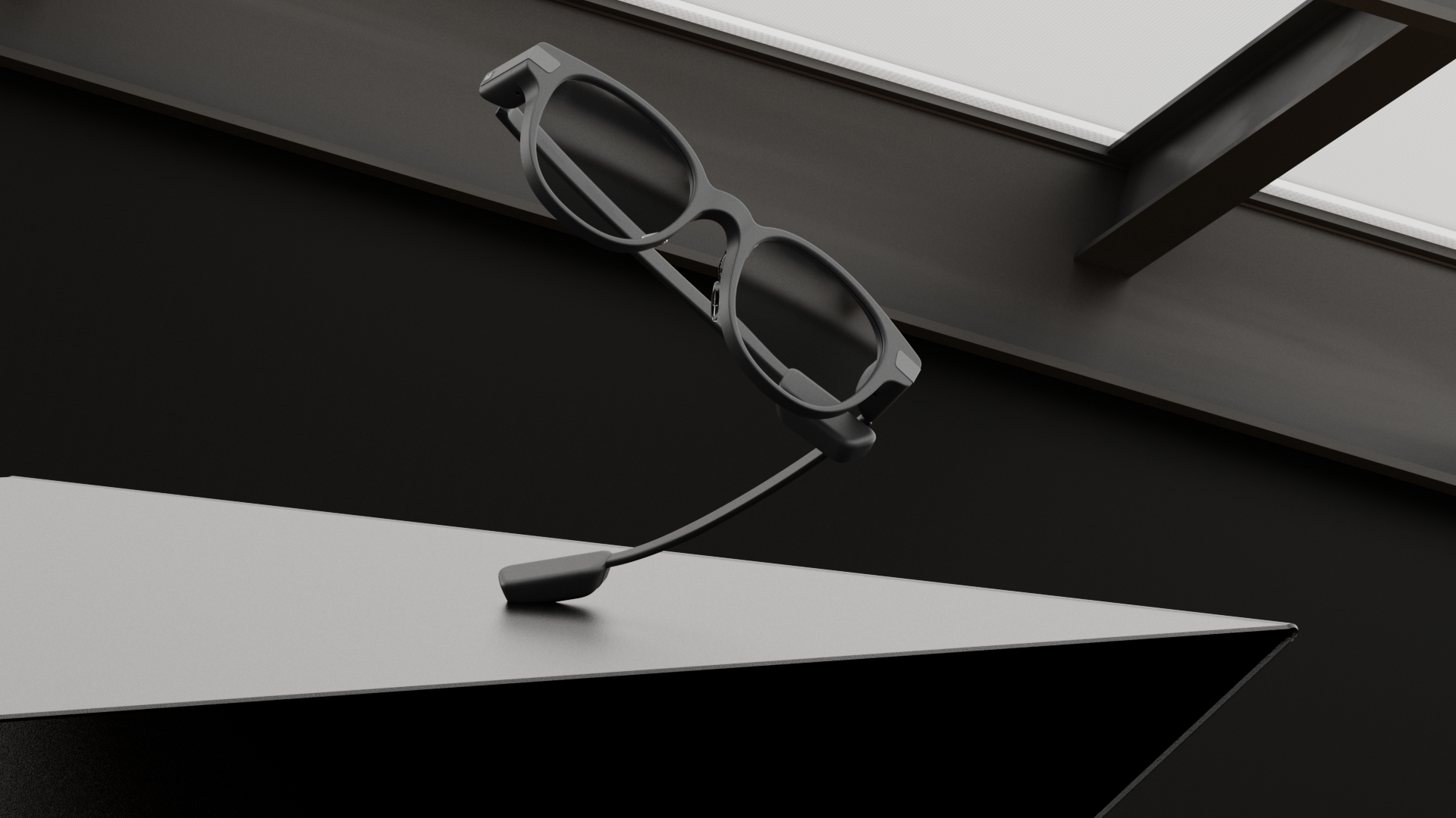 Glasses on a dark architectural ledge, Even Realities smart glasses CGI by DissEmbargo
