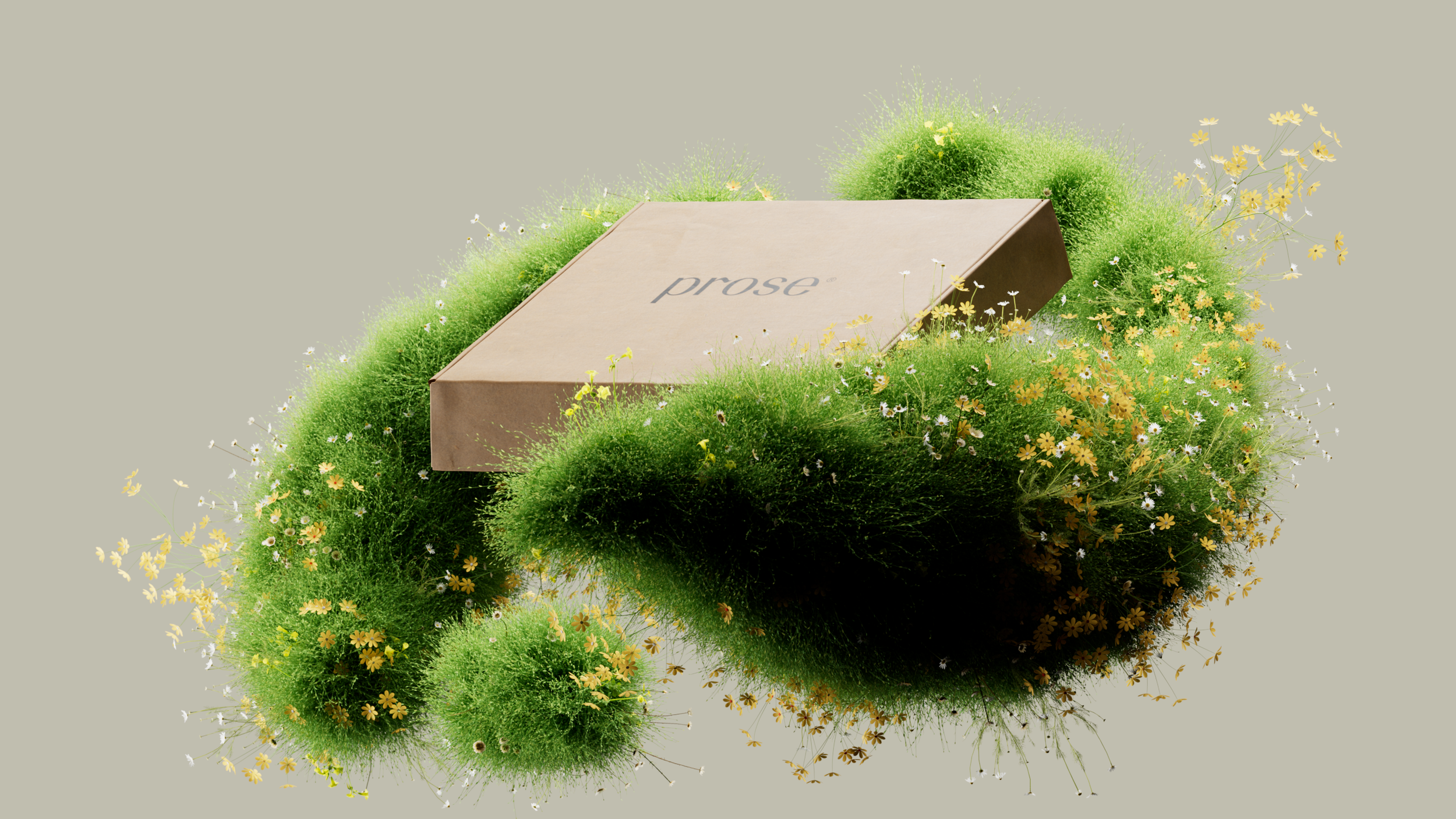 Prose serum box on a moss mound, Prose scalp serum CGI launch film by DissEmbargo