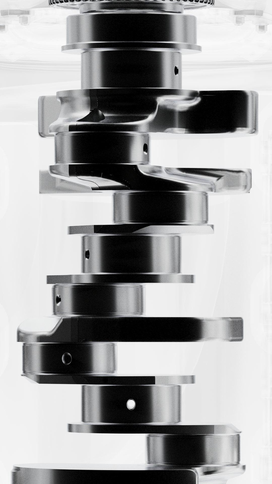 Stacked chrome engine parts on white, Formula 1 2026 opening titles, 3D production by DissEmbargo