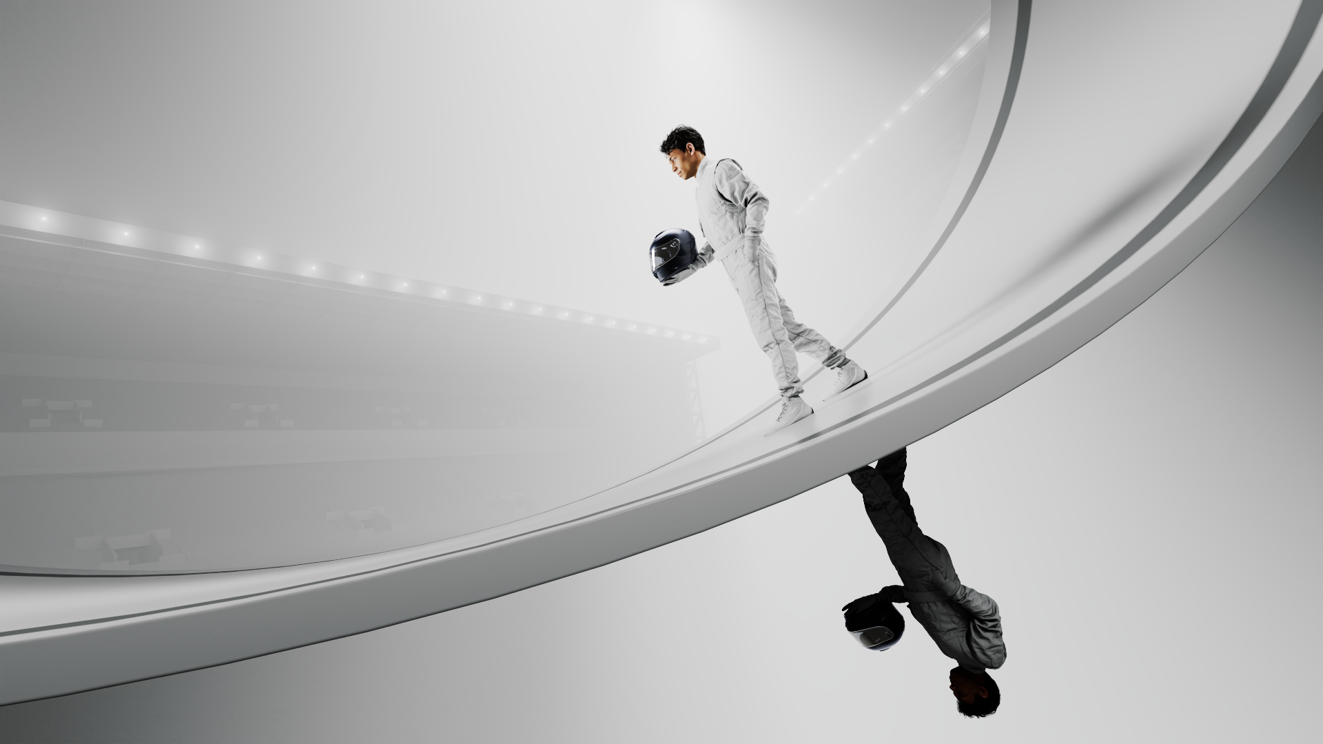 Driver on a curved white track structure, Formula 1 2026 opening titles, 3D production by DissEmbargo