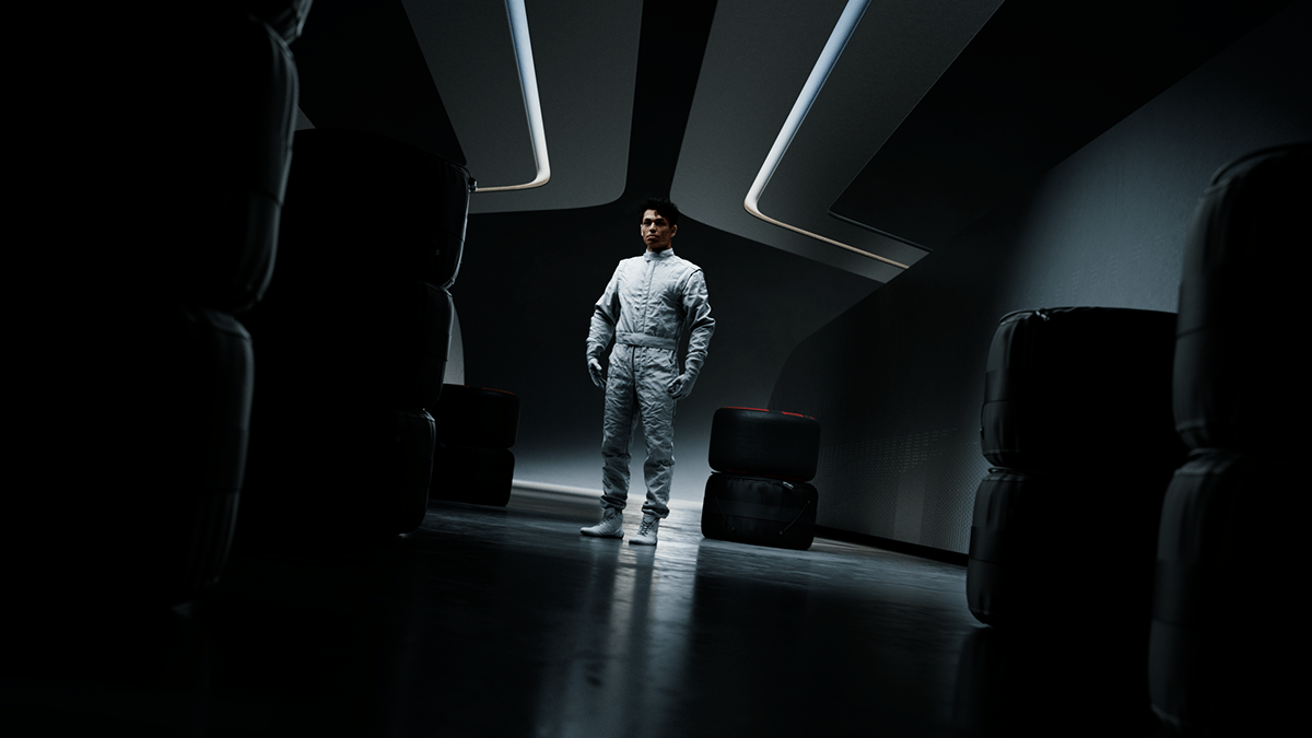 Driver walking through a dark tunnel, Formula 1 2026 opening titles, 3D production by DissEmbargo
