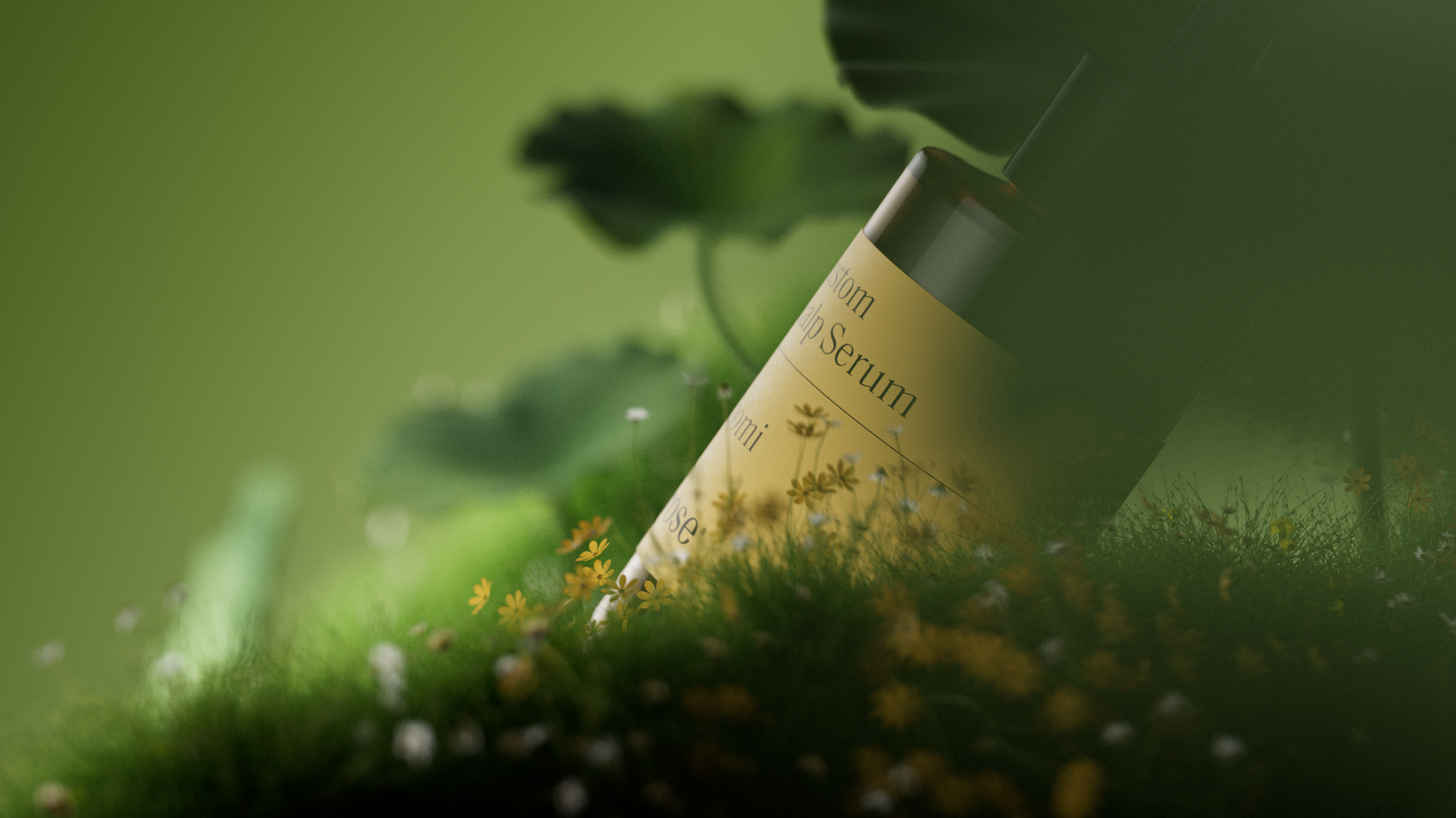 Prose serum bottle in moss and grass, Prose scalp serum CGI launch film by DissEmbargo