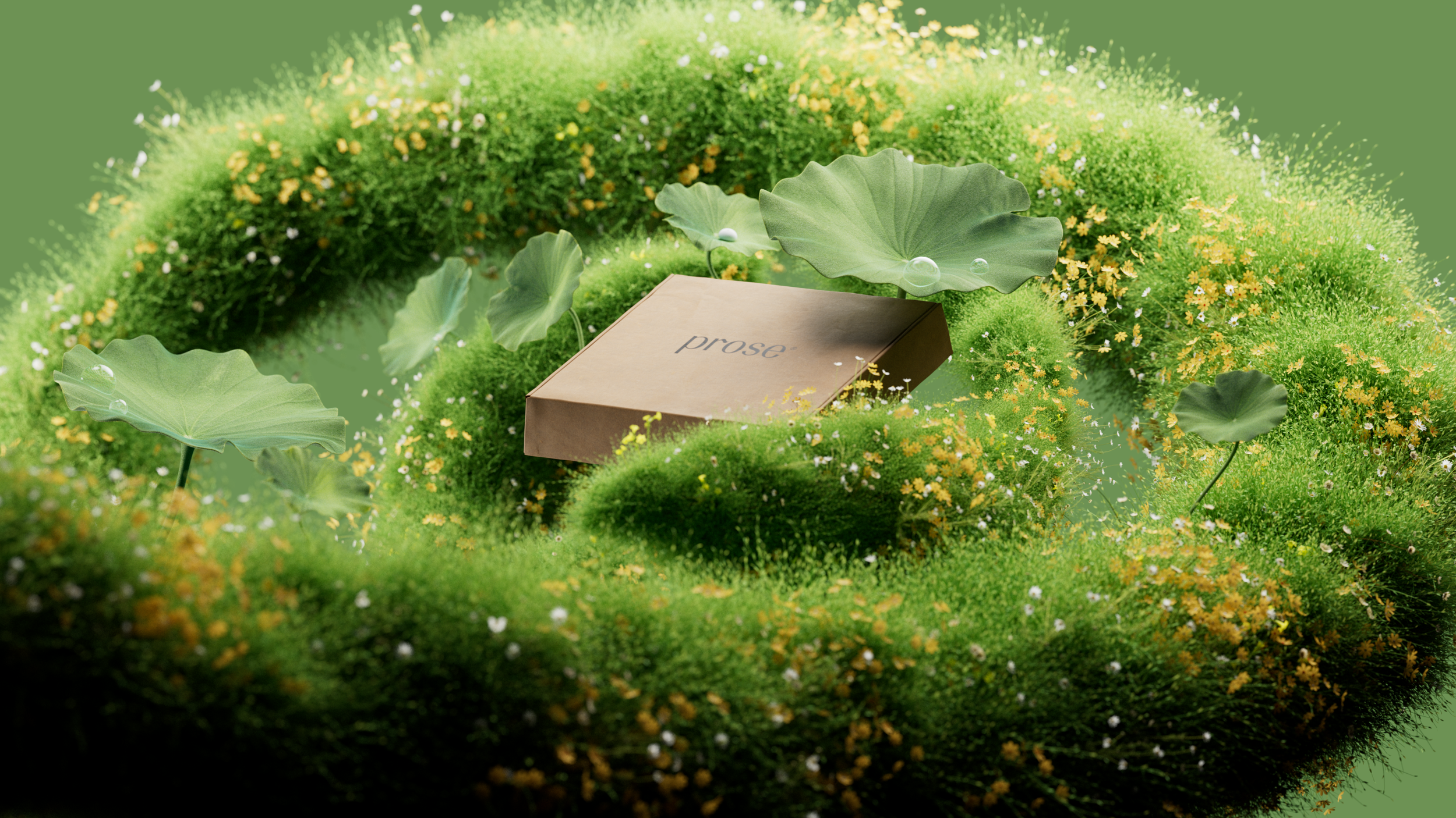 Prose serum box nestled in moss, Prose scalp serum CGI launch film by DissEmbargo