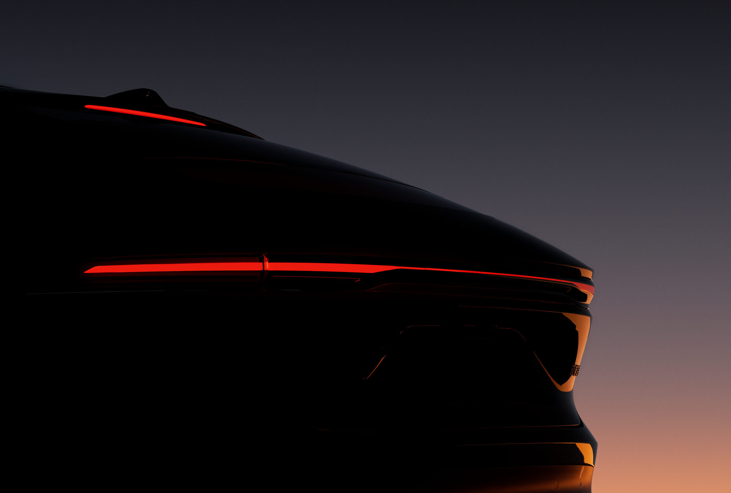 NIO ET9 electric car silhouette with red light line at dusk, launch CGI by DissEmbargo with Tendril Studio