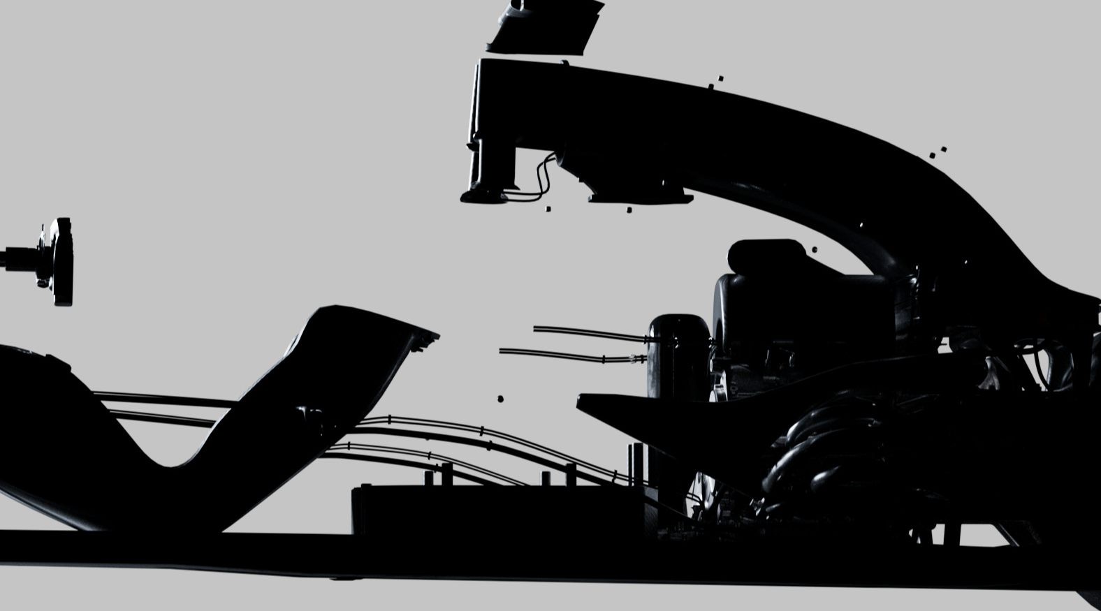 Silhouette of the 2026 F1 car side profile on white, Formula 1 2026 opening titles, 3D production by DissEmbargo