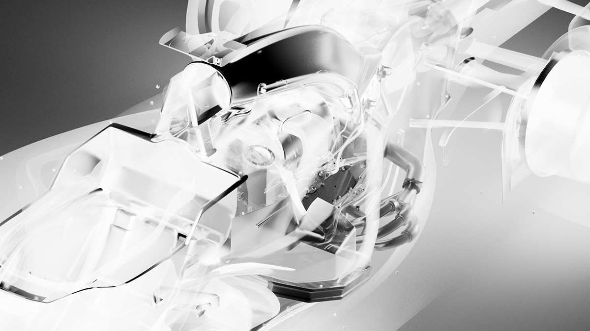Inverted white X-ray style F1 car render, Formula 1 2026 opening titles, 3D production by DissEmbargo
