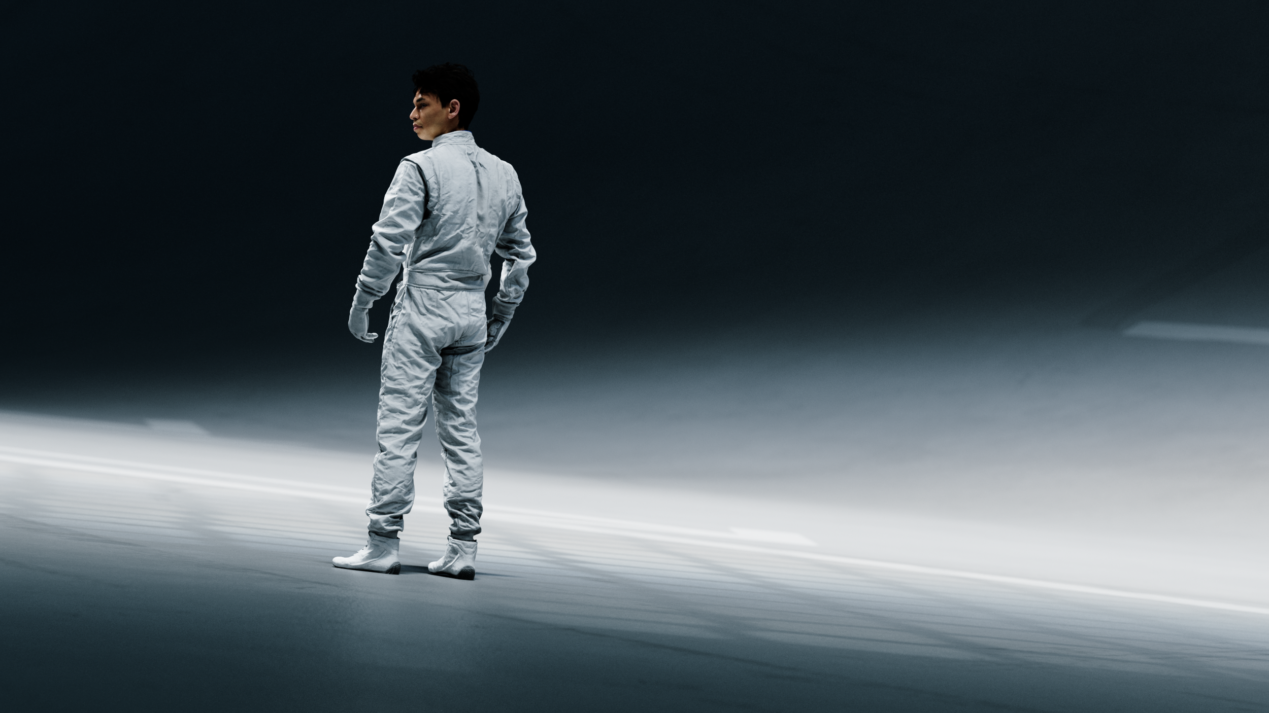 Driver standing in a misty white space, Formula 1 2026 opening titles, 3D production by DissEmbargo