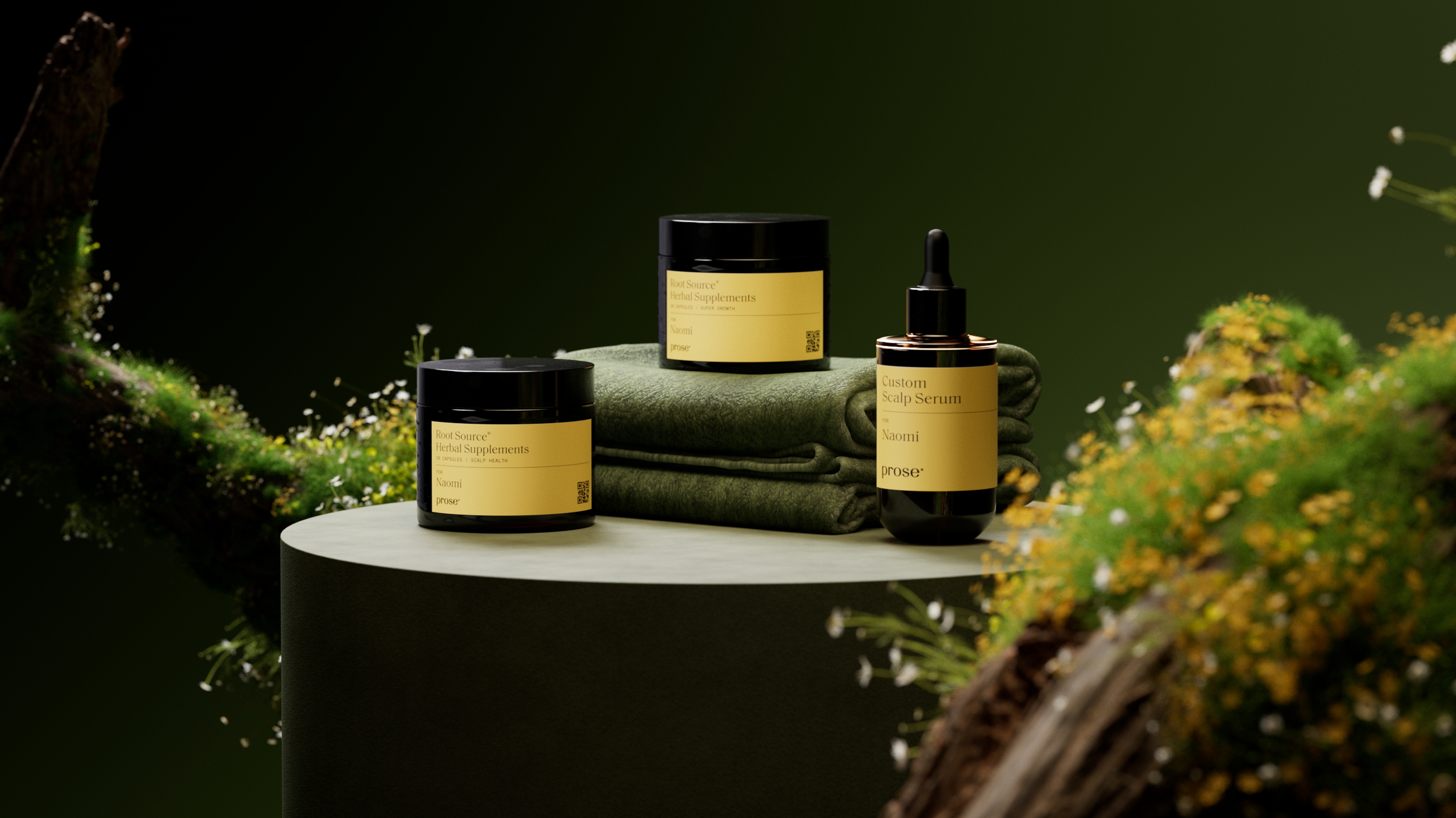 Prose serum products on a plinth with moss, Prose scalp serum CGI launch film by DissEmbargo