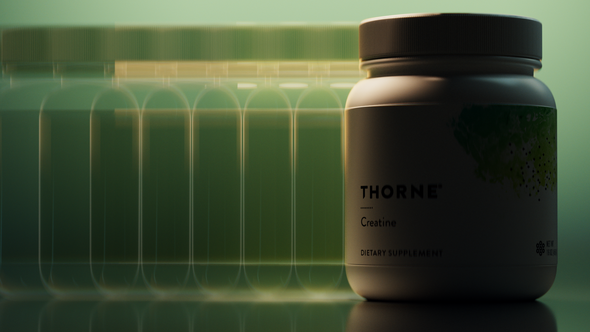Thorne creatine tub in green lab light, Thorne creatine CGI campaign by DissEmbargo