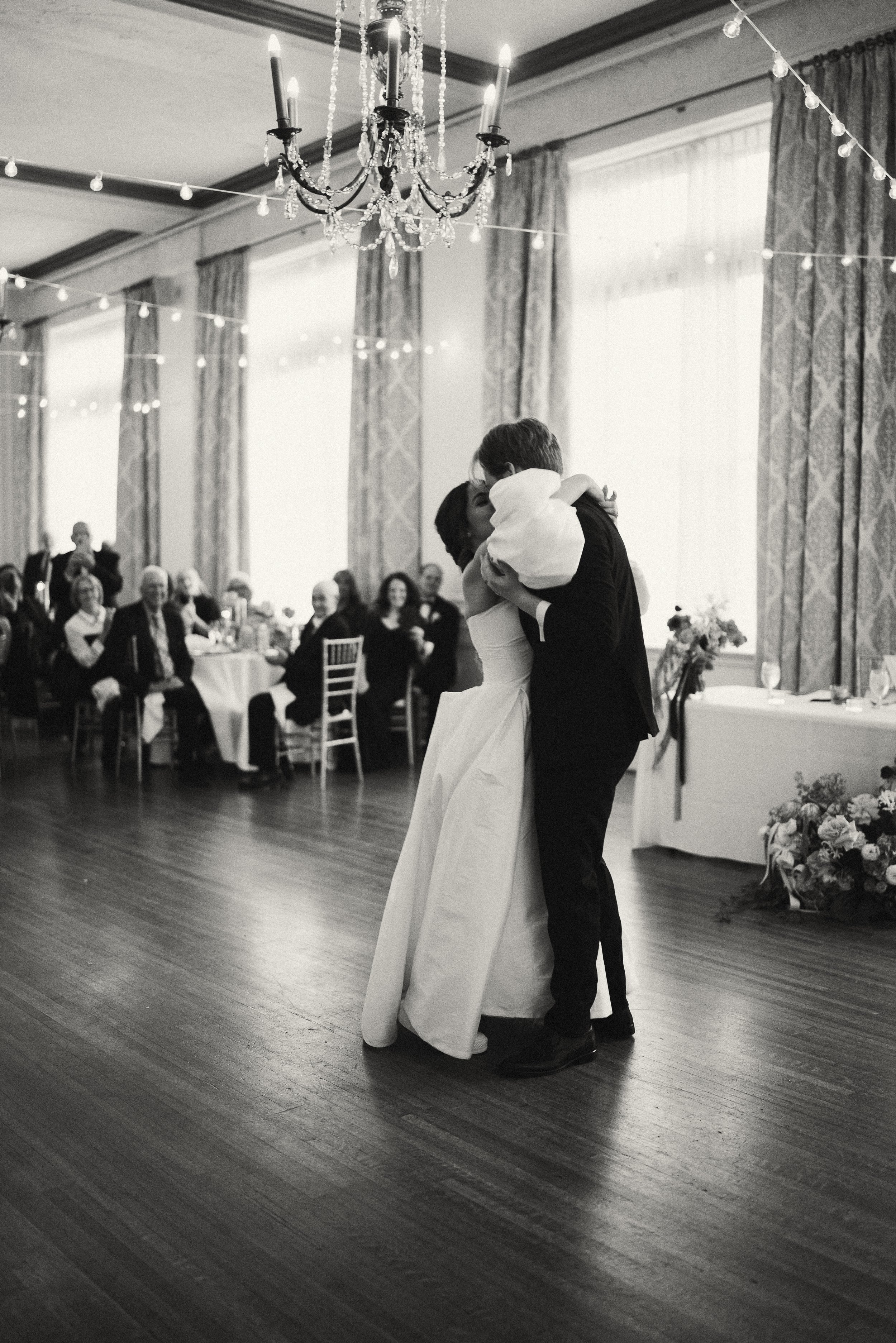 romantic first dance in black and white