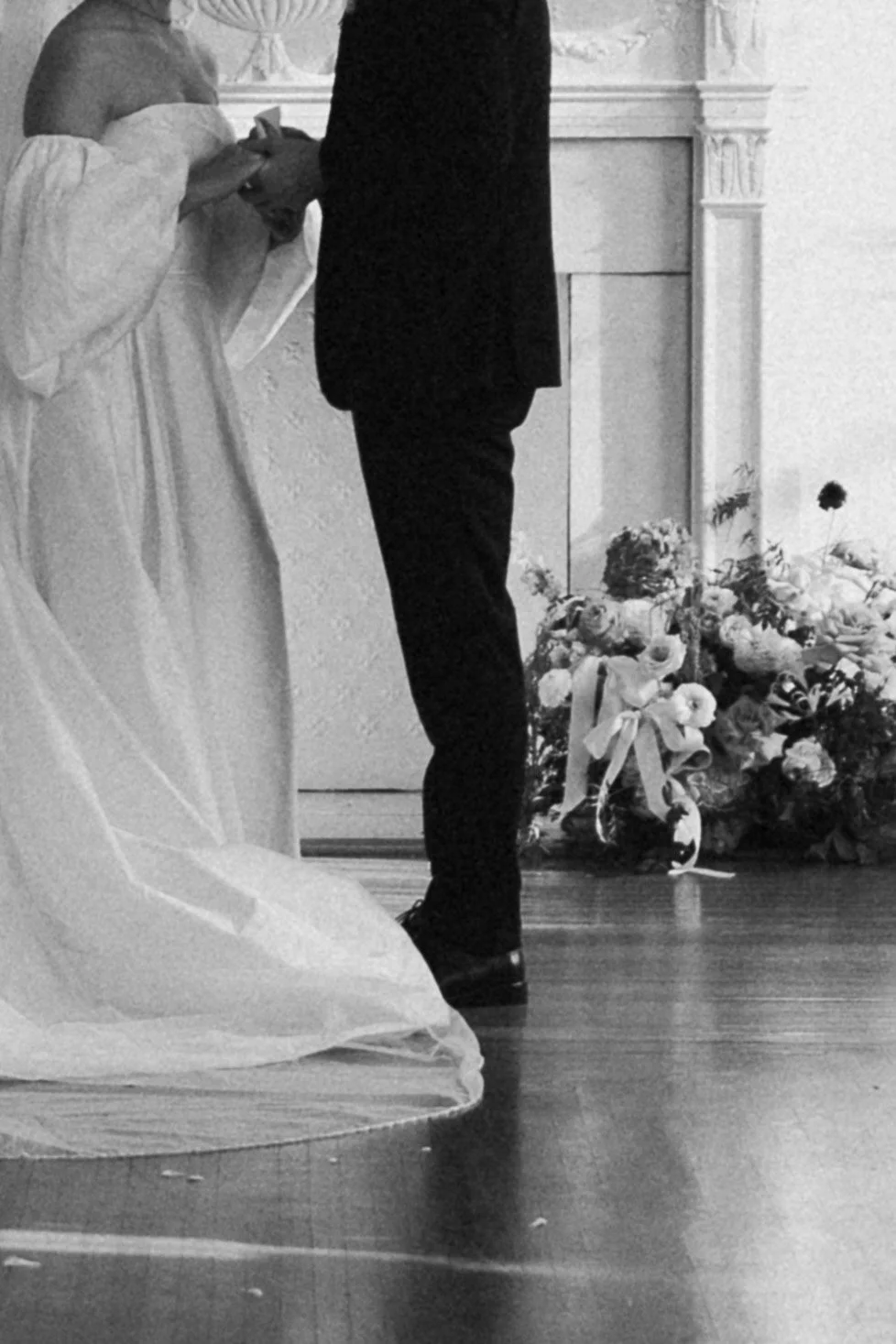dreamy black and white image of the bride and groom