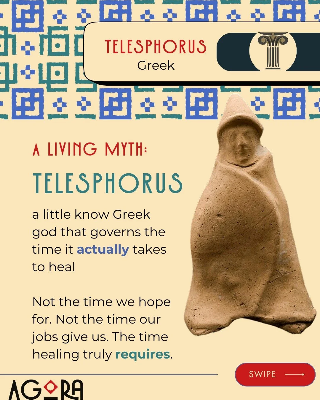 A small, hooded Greek god named Telesphorus governed one thing only: the time it actually takes to heal.

In the ancient healing temples, recovery was slow, collective, and held by community, darkness, rest, and ritual.

This way of understanding myt