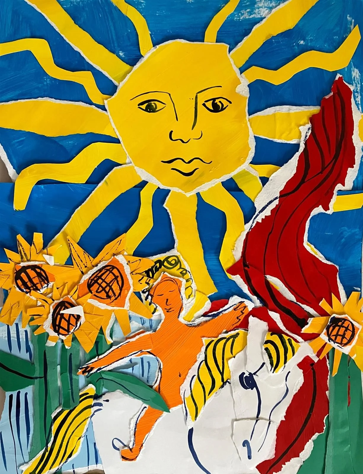 Collage of torn paper art depicting a sun with a face, a white animal, orange and yellow cats, sunflower, and a red feather against a blue sky background.