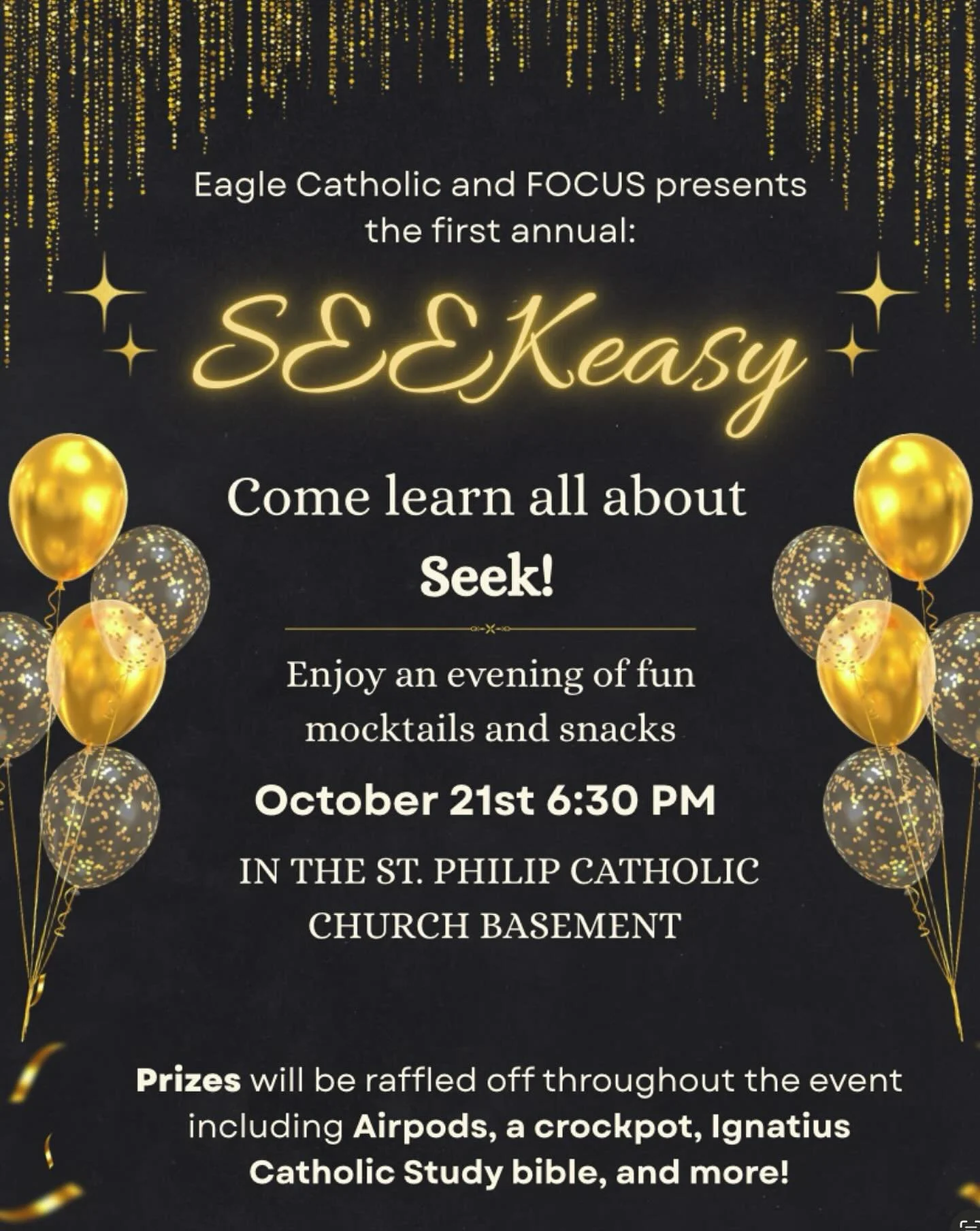 Come join us for our SEEKeasy after Mass at 6pm! Win some prizes and learn all about Seek🥳🥳
