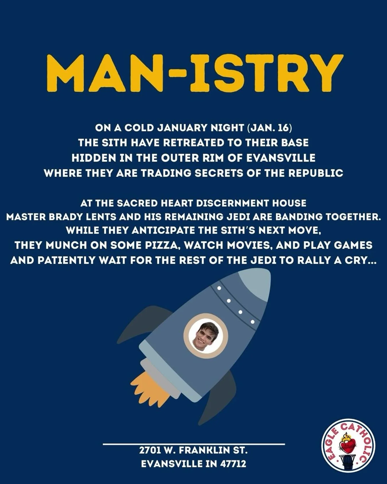 MEN!! Tomorrow night (Jan 16) we&rsquo;re having movie/game night! Pizza will also be provided! Address is provided in the post above