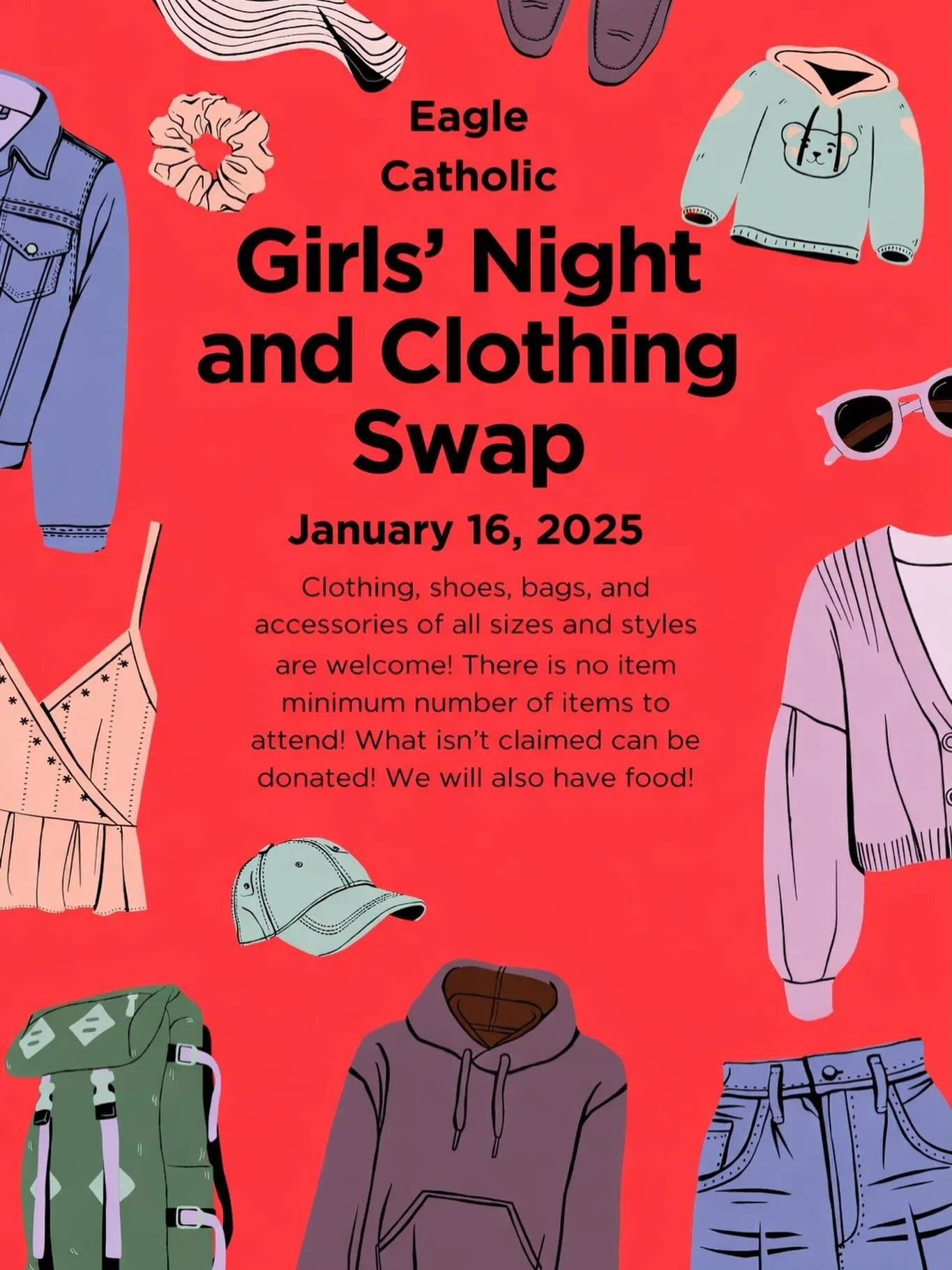 GIRLS!! Tomorrow night (Jan 16) we&rsquo;re having a girls night and clothing swap in the St. Phillip&rsquo;s Youth Room! Any and all clothes and accessories are welcome! We&rsquo;ll have some snacks too! We&rsquo;d love to see you!!