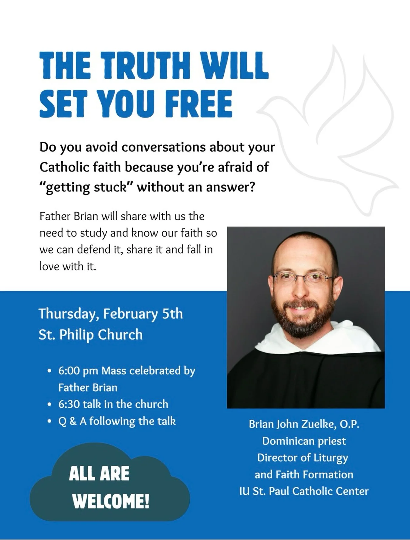Tomorrow, we will have Father Brian Zuelke give a talk about the Catholic faith. He will share on how to study our faith and also how to defend our faith. There will also be food. Hope to see you guys there!!