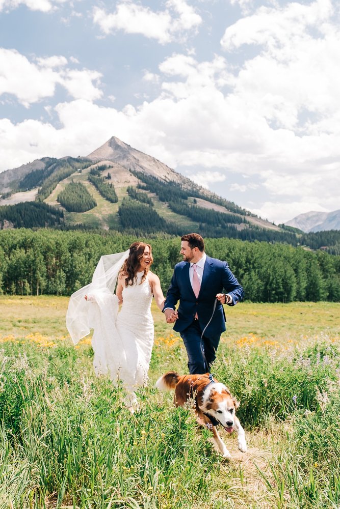 A bride and groom walking through a grassy field with a dog in a scenic mountain landscape.
