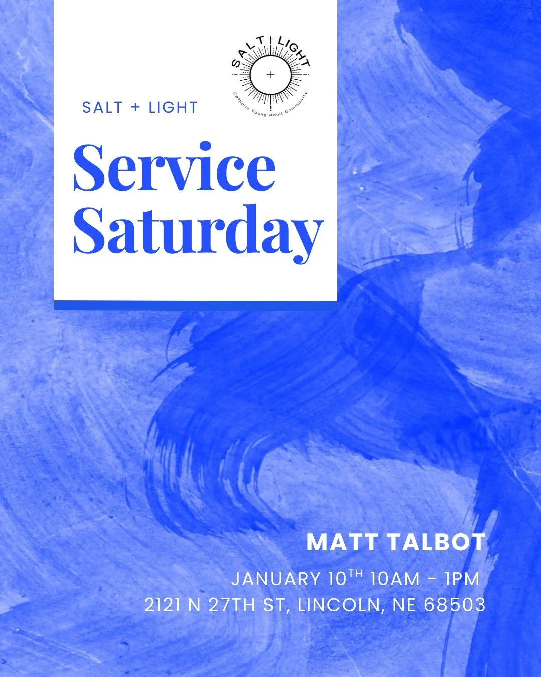 January Service Saturday! Come help prep and serve lunch to those in need!

Serving at Matt Talbot January 10th from 10am - 1pm

Park in north lot and enter through east doors.

2121 N 27th St, Lincoln, NE 68503