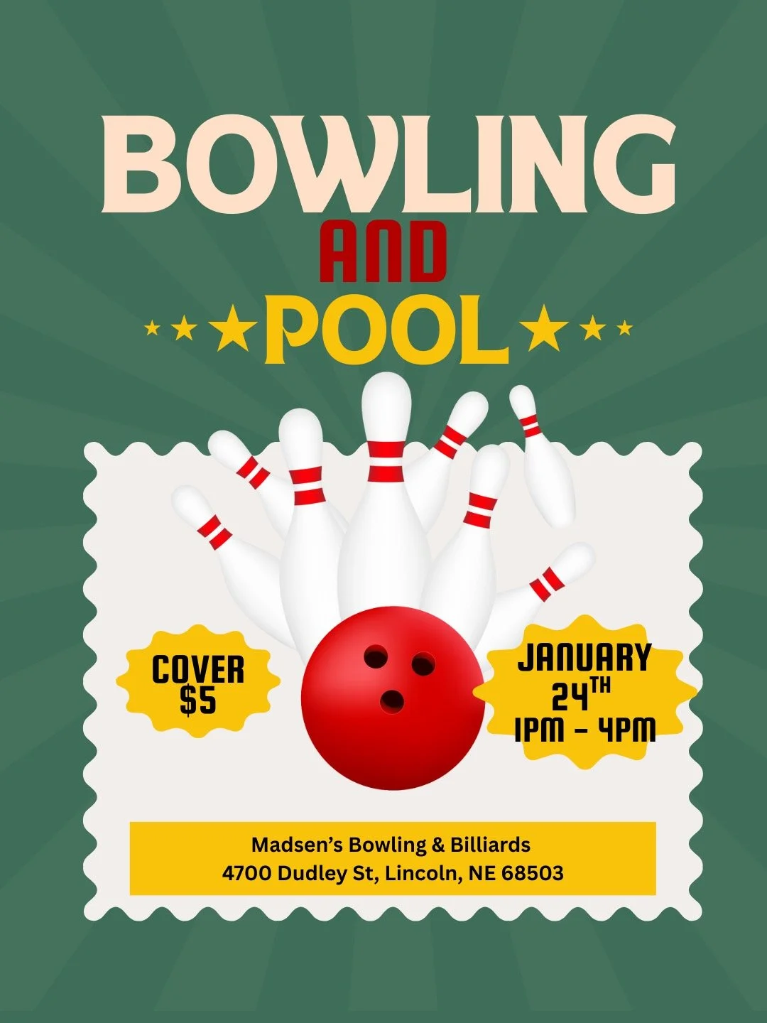 🎳🎱 Bowling &amp; Pool Hangout 🎱🎳

Join us on January 24th for a fun afternoon at Madsen&rsquo;s Bowling &amp; Billiards!

🕐 1:00 PM &ndash; 4:00 PM
💵 $5 total &mdash; covers BOTH bowling &amp; pool
📍 Madsen&rsquo;s Bowling &amp; Billiards

Bri