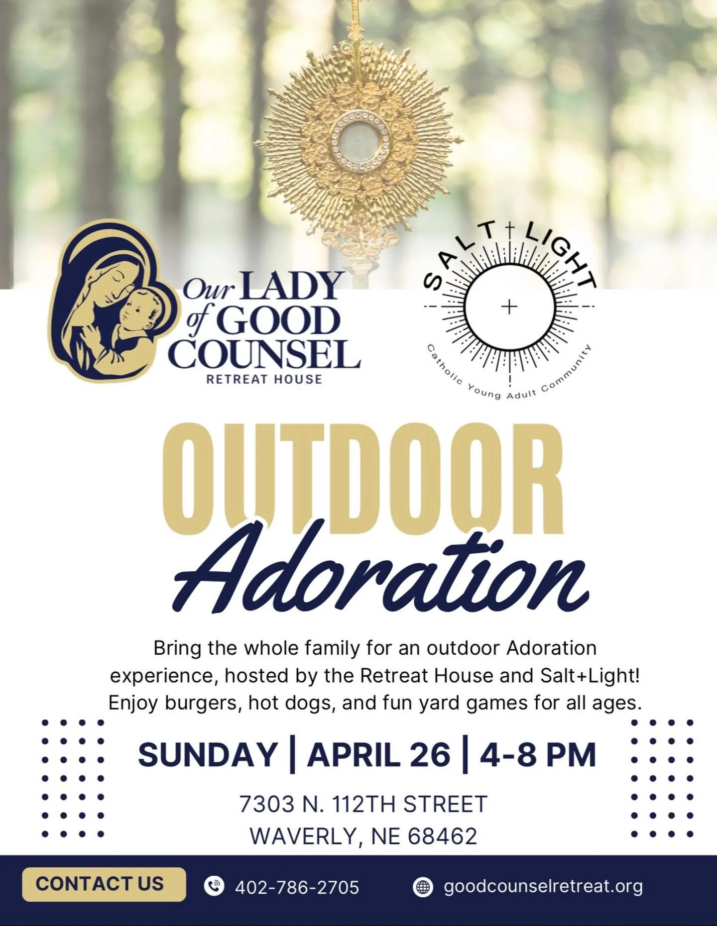 Join us for Outdoor Adoration ☀️ 

We&rsquo;re partnering with Our Lady of Good Counsel for a beautiful evening of prayer, community, and time outdoors&mdash;perfect for this amazing weather! 

✨ Bring lawn chairs or picnic blankets to stay comfortab