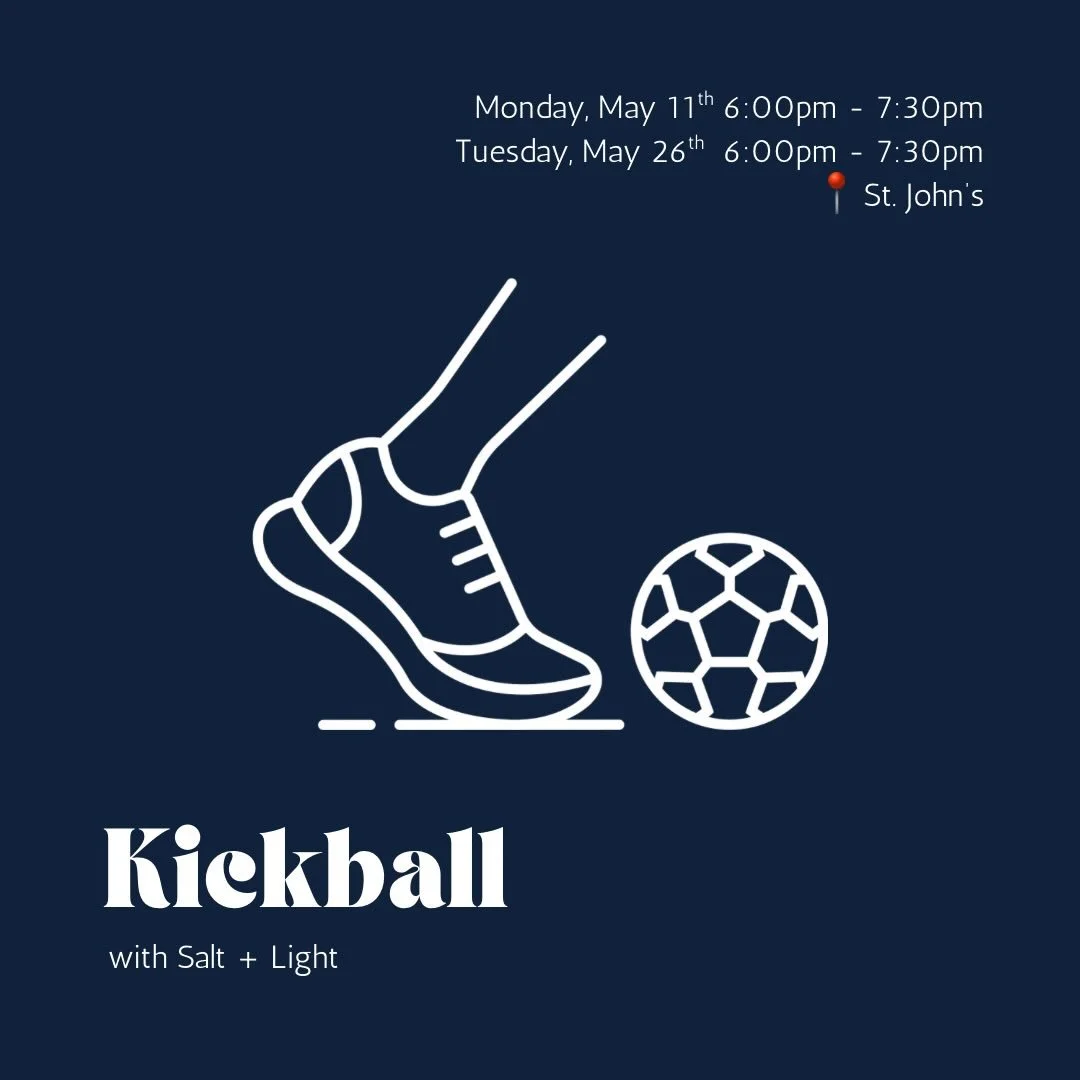 🚨 Kickball! 🚨

Who&rsquo;s ready to play? 

📍 St. John&rsquo;s soccer field

🕡Monday, May 11th  6:00pm-7:30pm
🕡Tuesday, May 26th 6:00pm-7:30pm