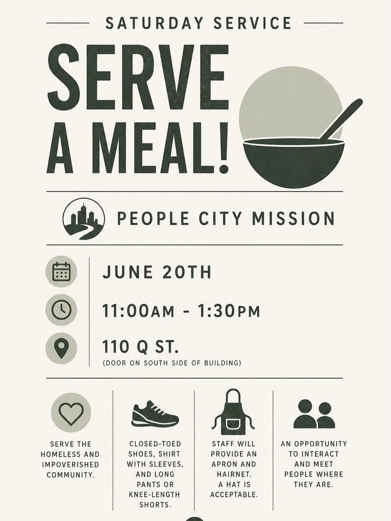 Saturday Service Serve A Meal!
People City Mission 
June 20th 11:00am - 1:30pm
110 Q St. (door on south side of building)

This is a great opportunity to serve the homeless and impoverished community.

For safety reasons, volunteers must wear close-t