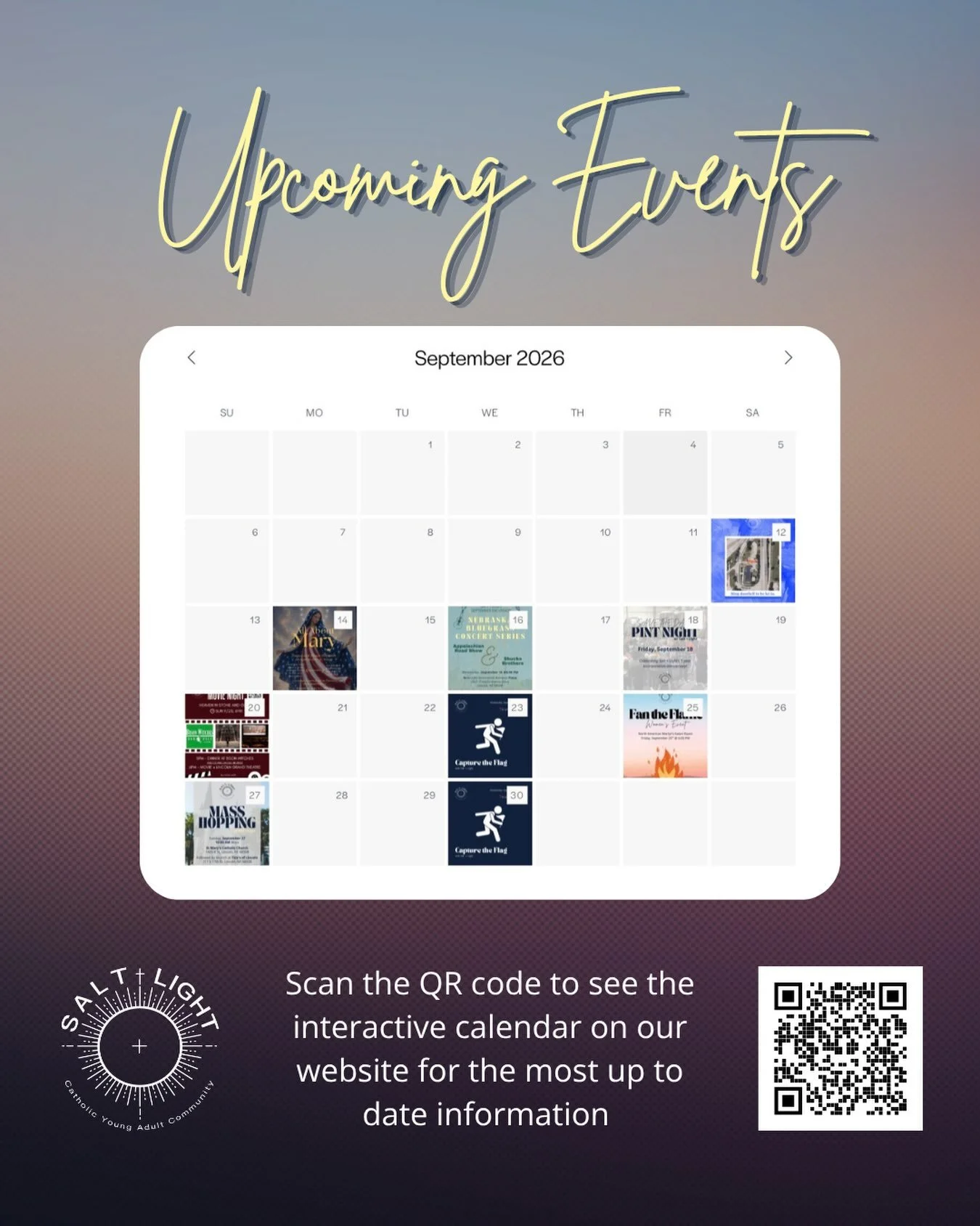 We hope to see you at one of our upcoming events!

Check our website for the most up to date information:
saltandlightlnk.com/calendar
More details also on previous posts or in the BAND app.

21-39 and not a part of the BAND?  Join today to see event