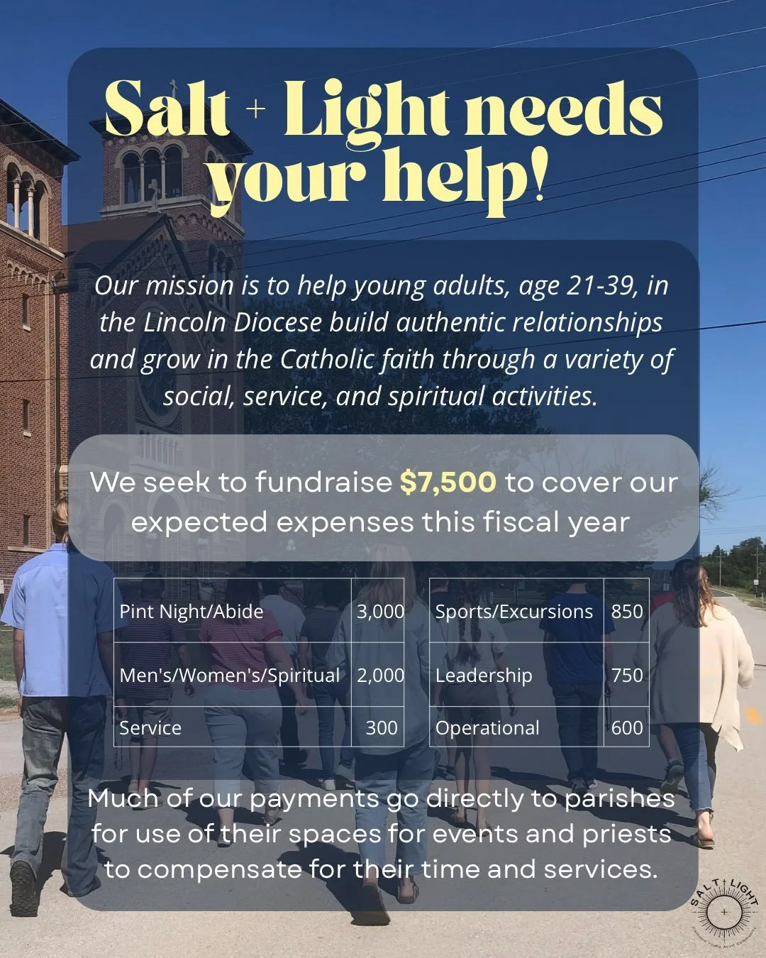 As a 501(c)(3) non-profit, Salt + Light relies on donations to sustain our organization. 

If Salt + Light has helped you grow in the faith or if a young adult you love has walked away, we hope you understand the importance of a Catholic community fo