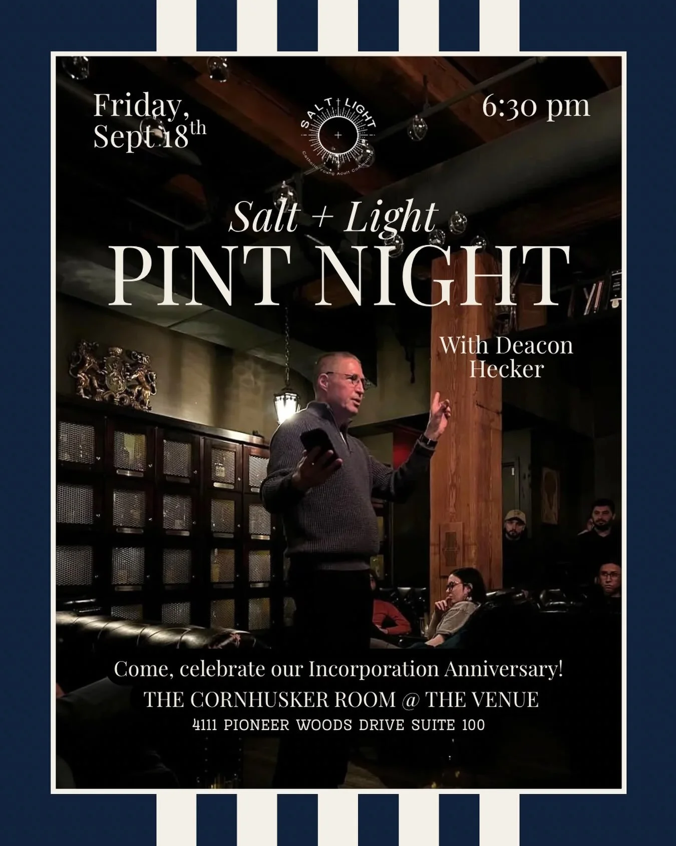 Pint Night is one week away!

September 18 is Salt + Light&rsquo;s one year legal incorporation anniversary!  To celebrate, we will hear from Deacon Hecker who has been a part of young adult ministry in the diocese since before Salt + Light was found