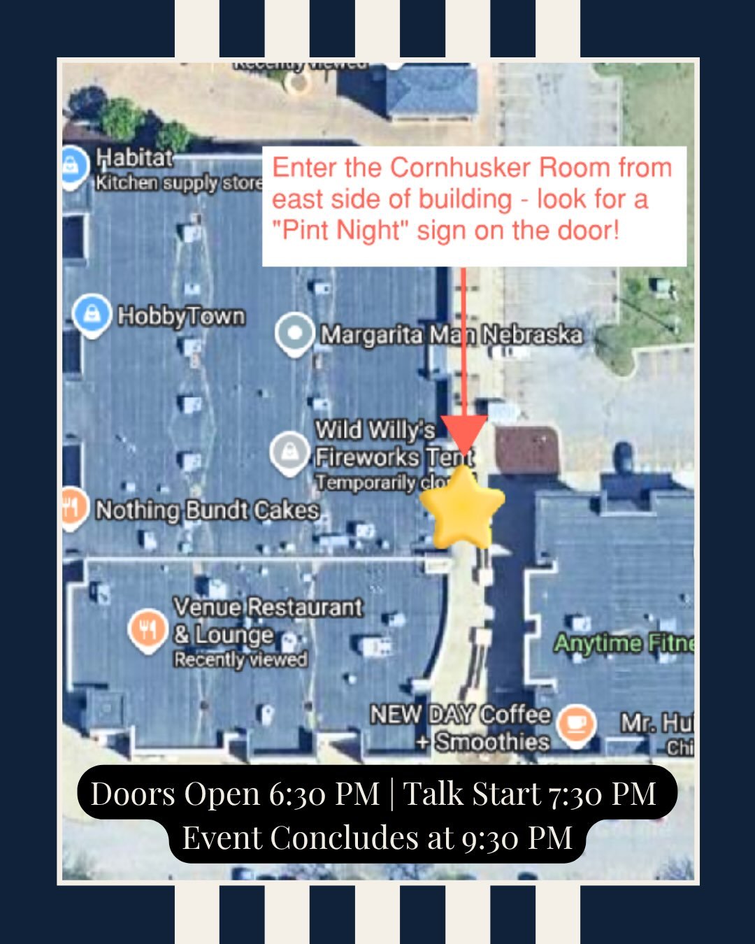 For your clarity, please see the attached image from the Venue instructing where to enter for the event.  Look for the door labeled &ldquo;Pint Night&rdquo;!

Looking forward to seeing you TONIGHT!