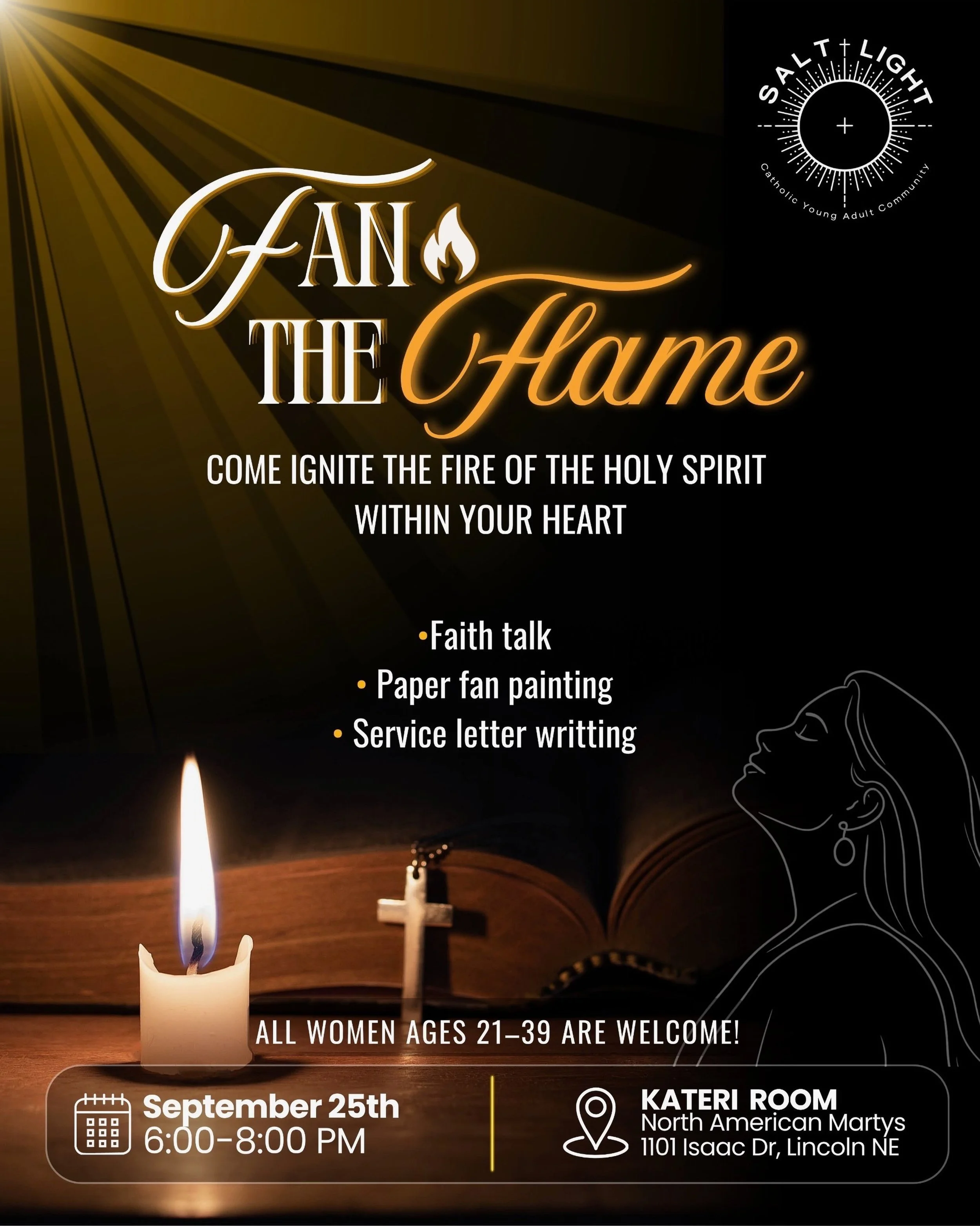📣 Our next Women&rsquo;s event is in one week: Fan the Flame

🪭 Join us for a talk, paper fan painting, and service letter writing to ignite the fire of the Holy Spirit within you while growing in fellowship with other young adult women.

🗓️ Frida