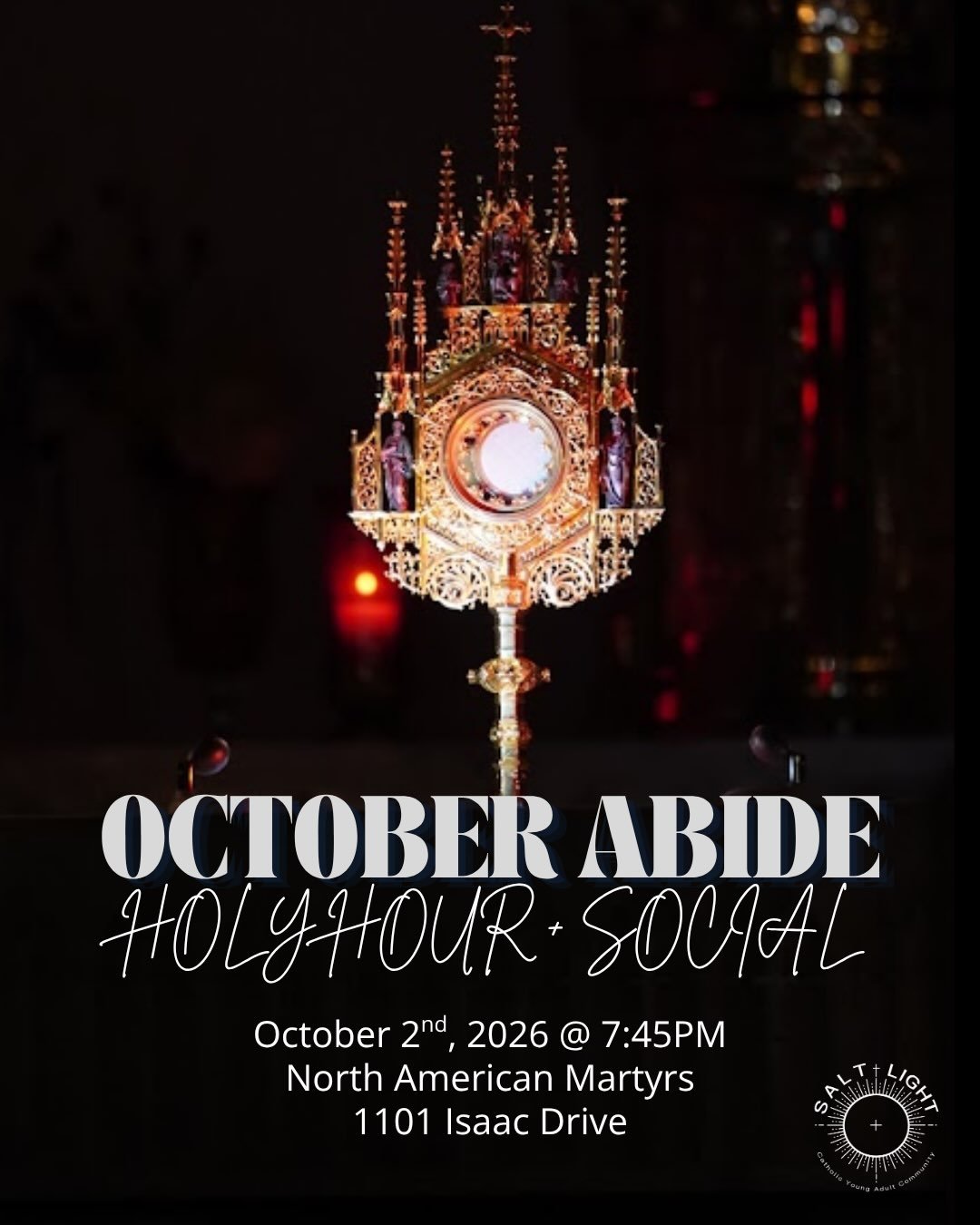 Reminder: Our next Abide Holy Hour + Social is October 2 at North American Martyrs!

We are excited to have Sr. Joan Kolbe, M.S. give an exhortation for us, so you surely won&rsquo;t want to miss this event!