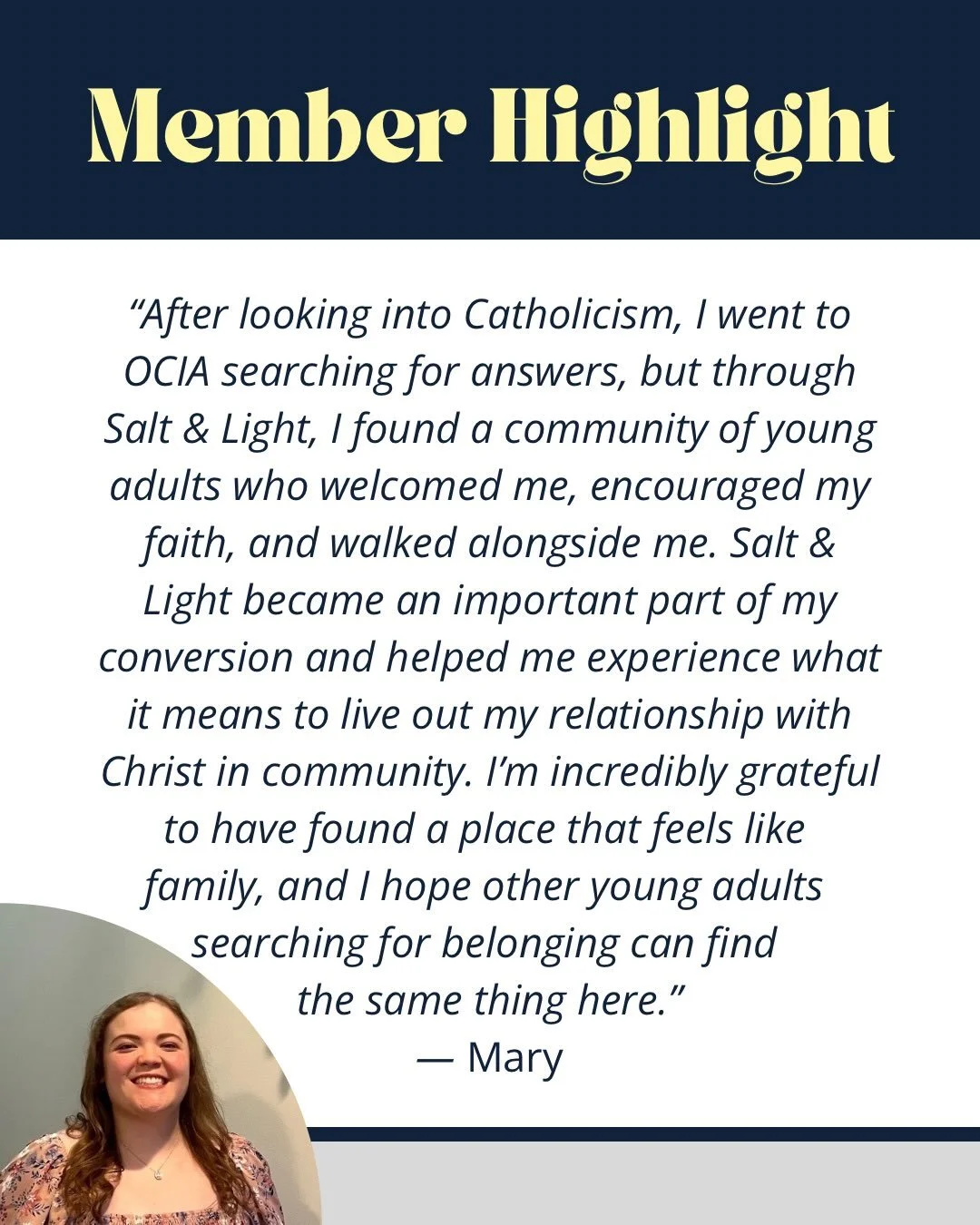 Still wondering how your gift makes a difference?  Let&rsquo;s hear from another member of our community!

Mary is a recent convert to Catholicism who asks the best questions and demonstrates a beautifully deep love of God.  We&rsquo;re still looking