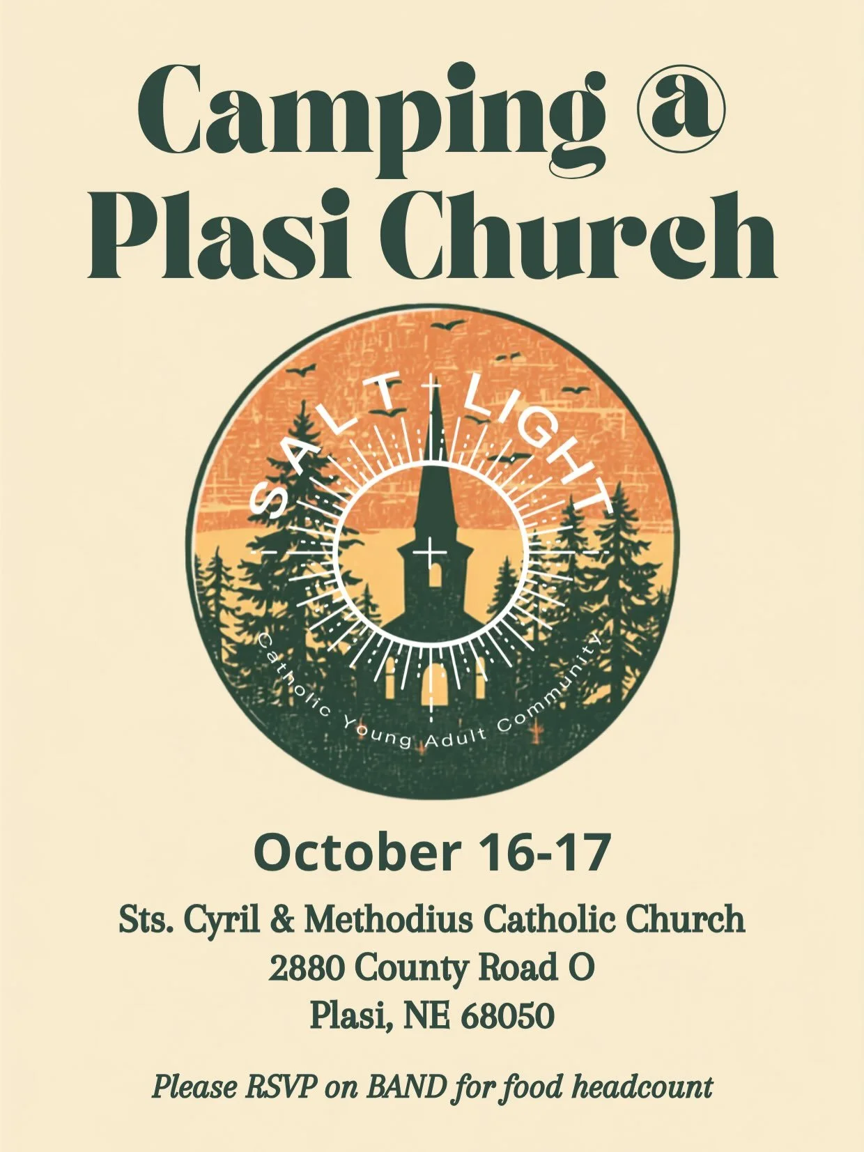 THIS JUST IN: Details for Camping @ Plasi Church!

🗓️ Friday Oct 16 - Saturday Oct 17
🕖 7:00 PM start; see schedule for more info
📍 2880 County Road O; Plasi, NE 68050

Feel free to arrive at Plasi as early as 6PM. Sunset is estimated around 6:45 