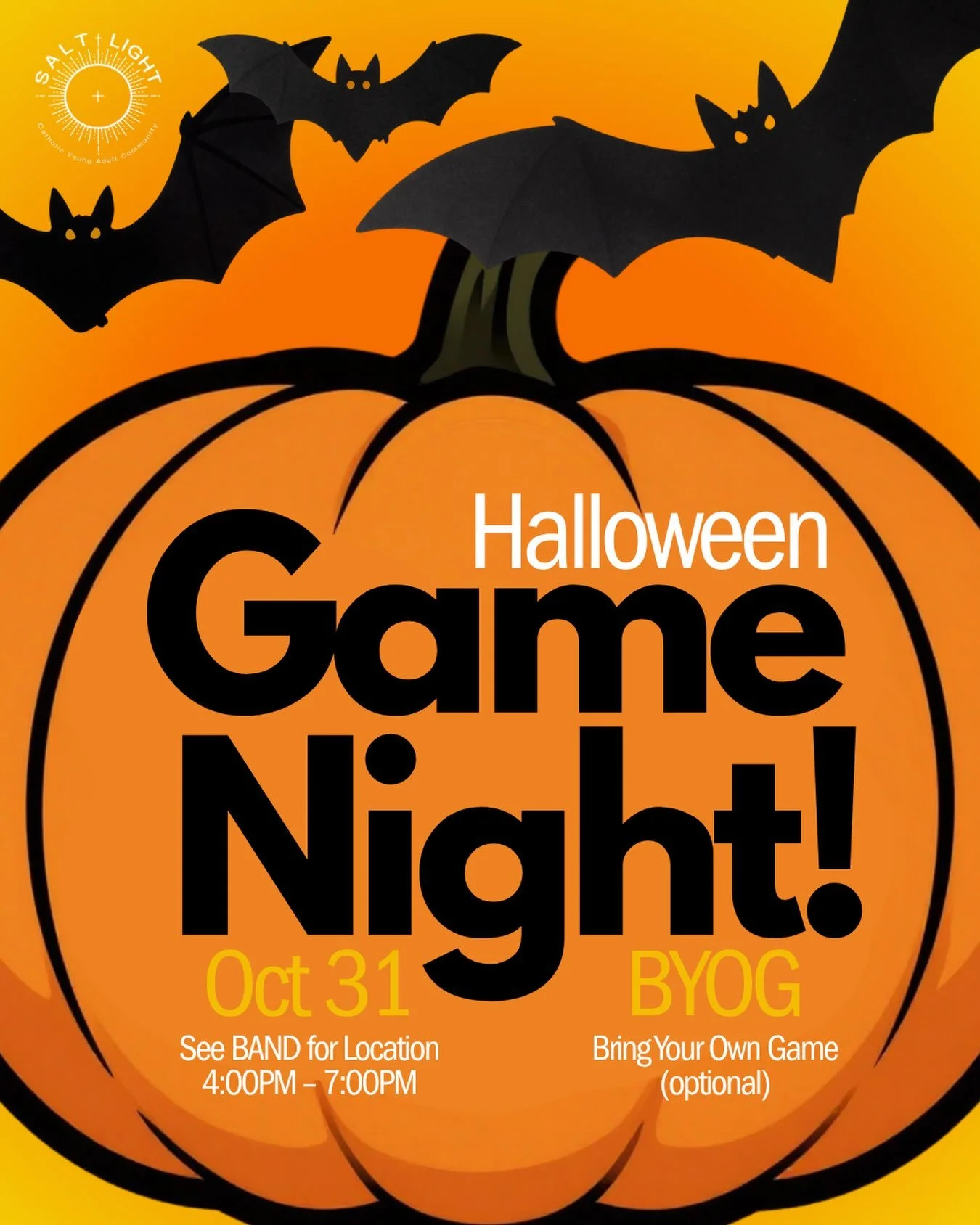 Halloween falls on a Saturday this year so we thought we&rsquo;d make the most of it with a game night!

🗓️Saturday, October 31
🕓4:00 PM - 7:00 PM
📍Please see BAND for address

Bring your favorite board game and a friend for a fun filled afternoon