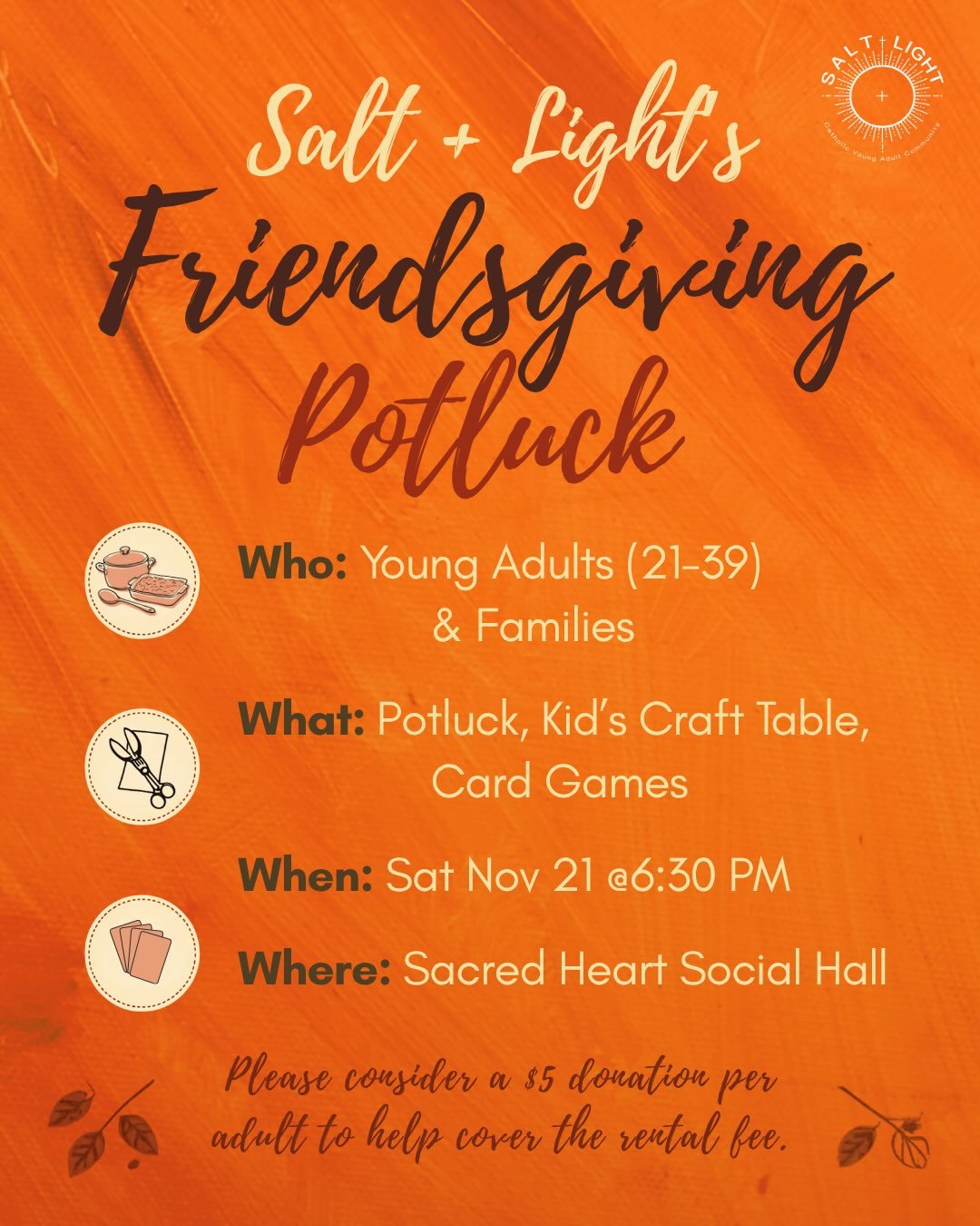 📣We hope you&rsquo;ll join us for our upcoming Friendsgiving Potluck!

One desire expressed on our community feedback survey was to occasionally have events where children are welcome for the young adults with families. In response to this, we invit