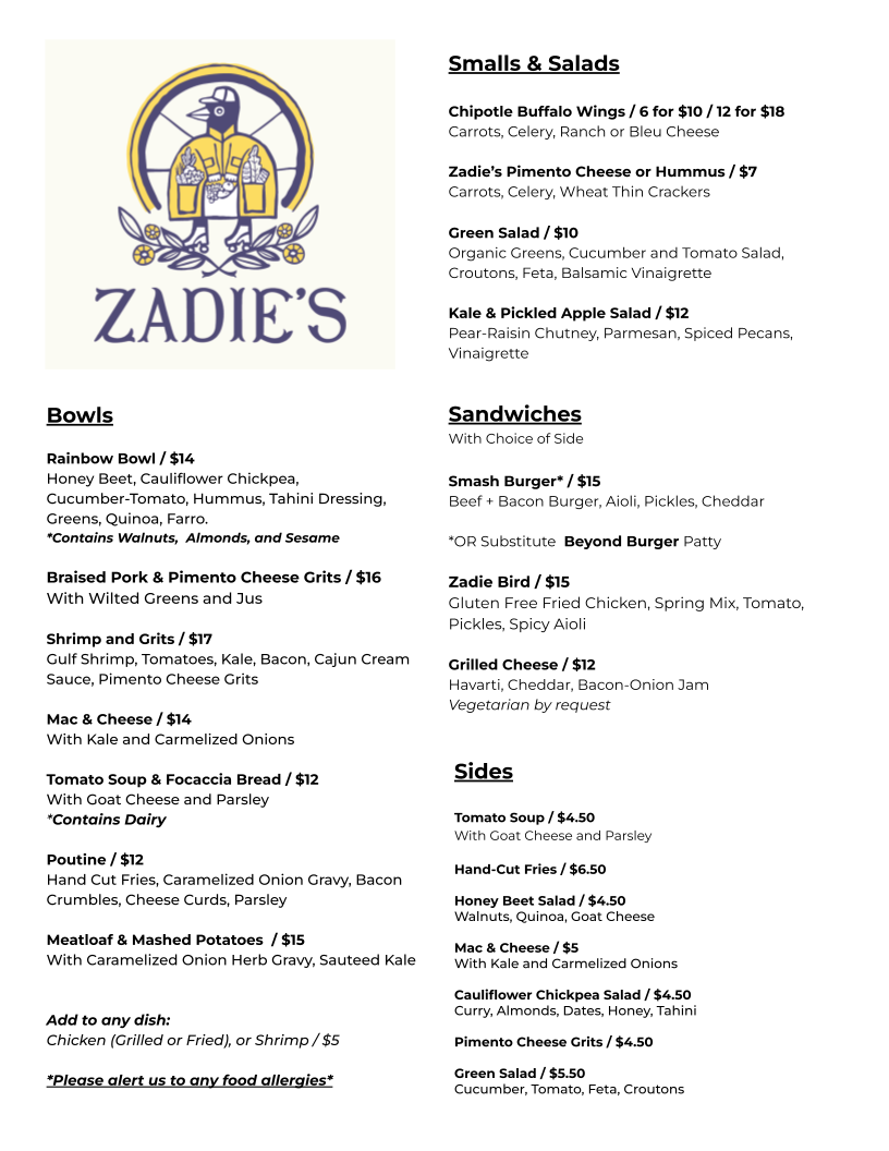 Our Menu — Zadie’s Marshall