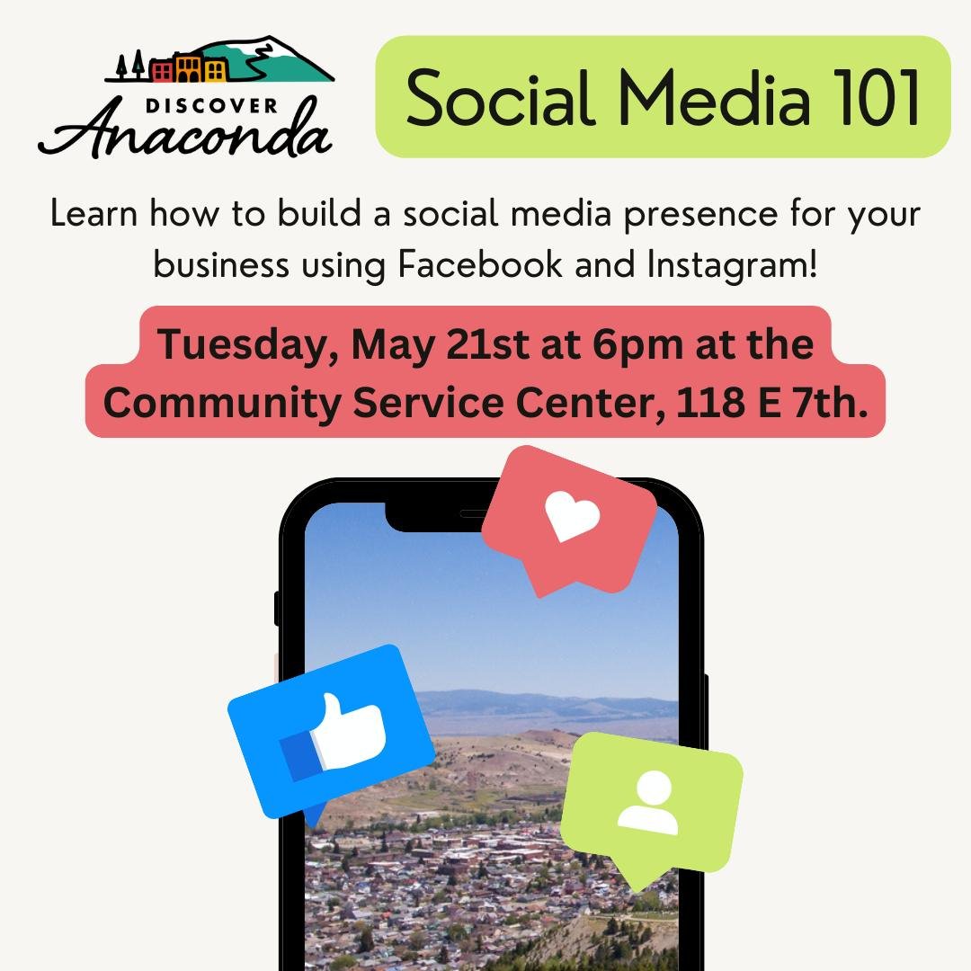 Eager to learn more about social media for your business?! 

Discover Anaconda is excited to offer Social Media 101 on Tuesday, May 21st at 6pm at the Community Service Center! 📱💻👍

Learn how to build a social media presence from scratch using Fac