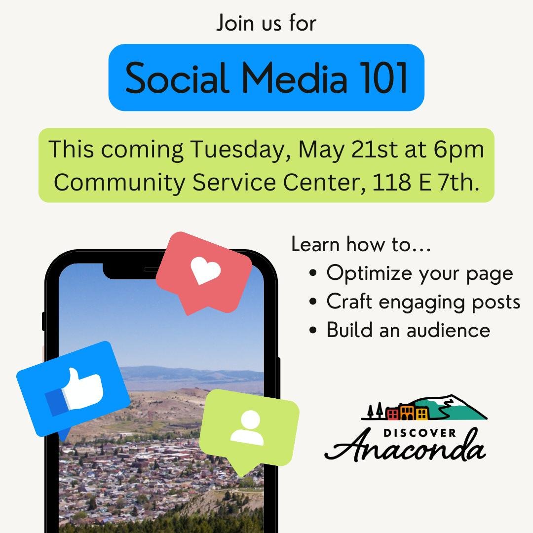 Social Media 101 is coming right up!

Join us this coming Tuesday, May 21st at 6pm to learn how to optimize your businesses page, craft engaging posts, and build an audience of your own.

📱👍💻

Don't forget to bring a laptop or phone to the class. 