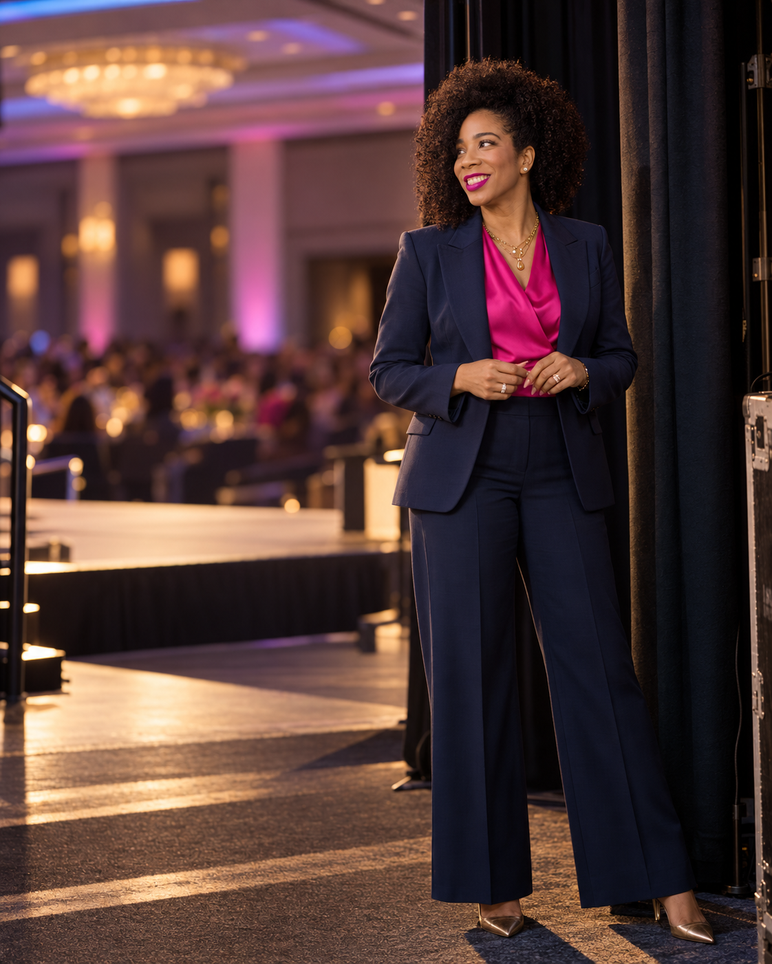 A woman in a navy suit and pink blouse standing backstage at an event, smiling, with a blurred audience and chandeliers in the background.
