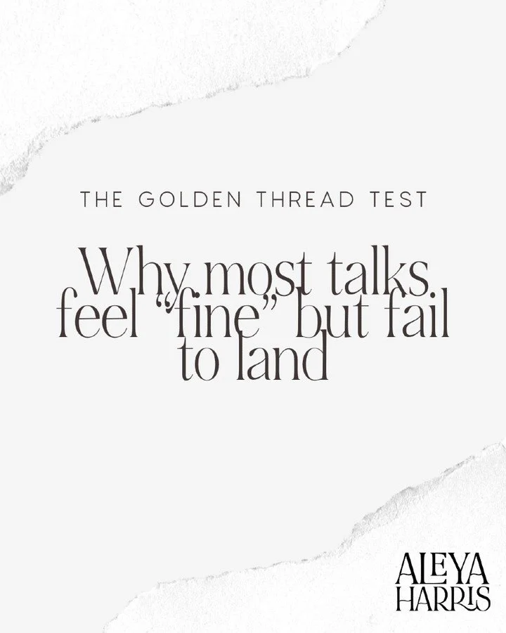 Most speakers have a cohesion problem.

Your audience is always asking one silent question:
&ldquo;Where are we going with this?&rdquo;

That is why I teach the Golden Thread.

It is the ideological through line that makes your talk feel inevitable. 