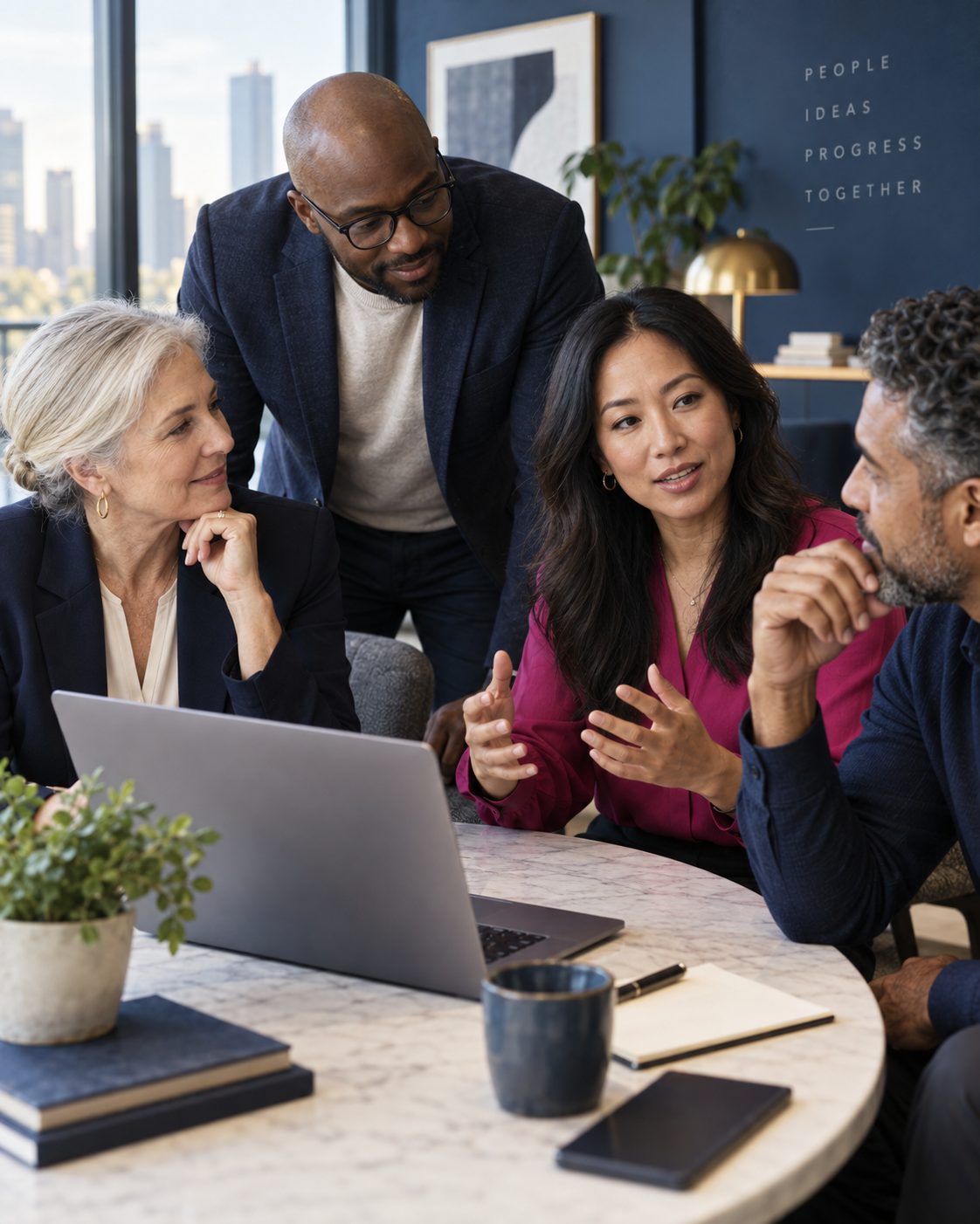 Group of five diverse professionals in a business meeting around a table, discussing and collaborating in an office with cityscape view.