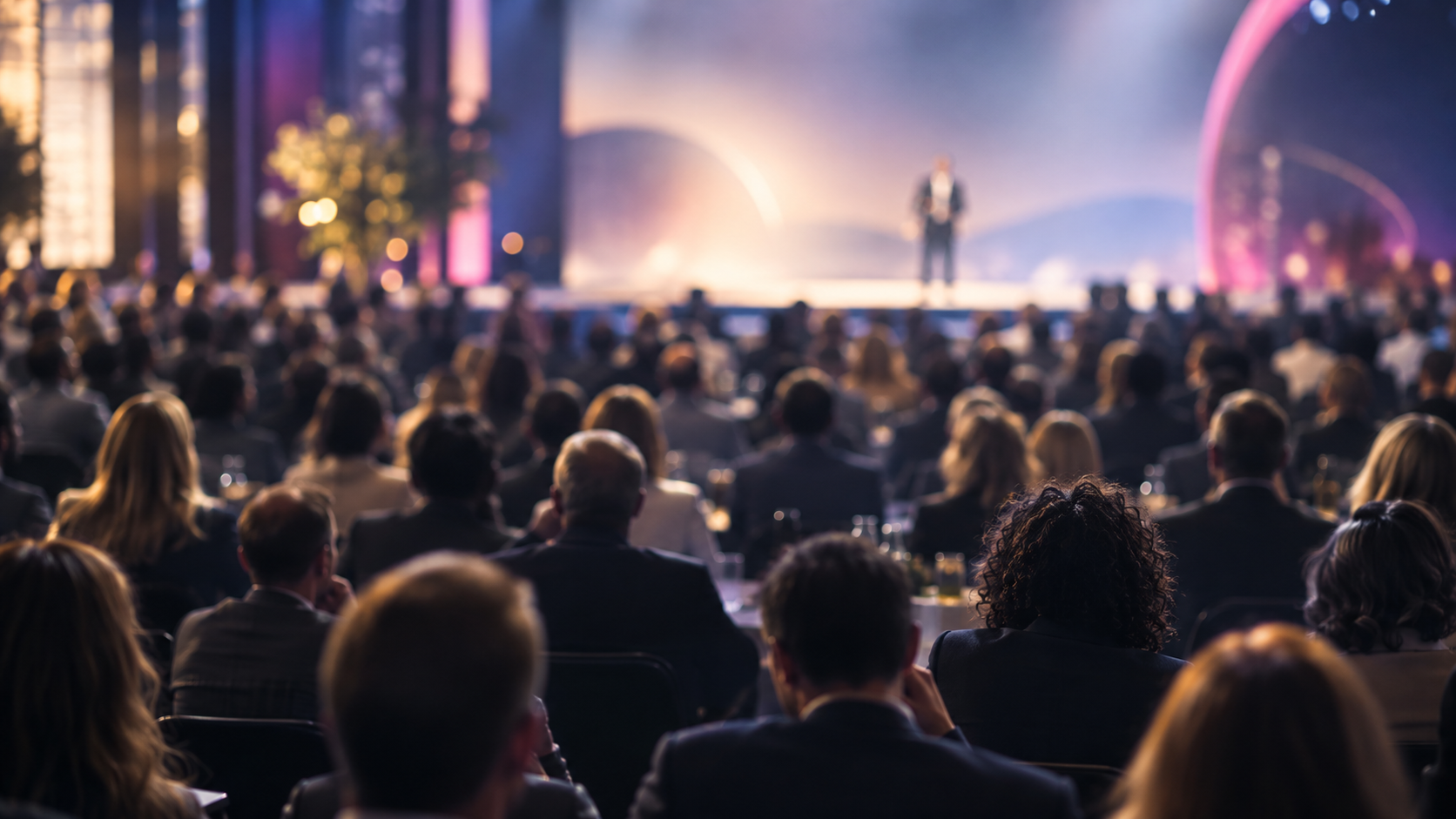A large audience watching a speaker on stage at a conference or event in a theater with colorful lighting and a blurred background.
