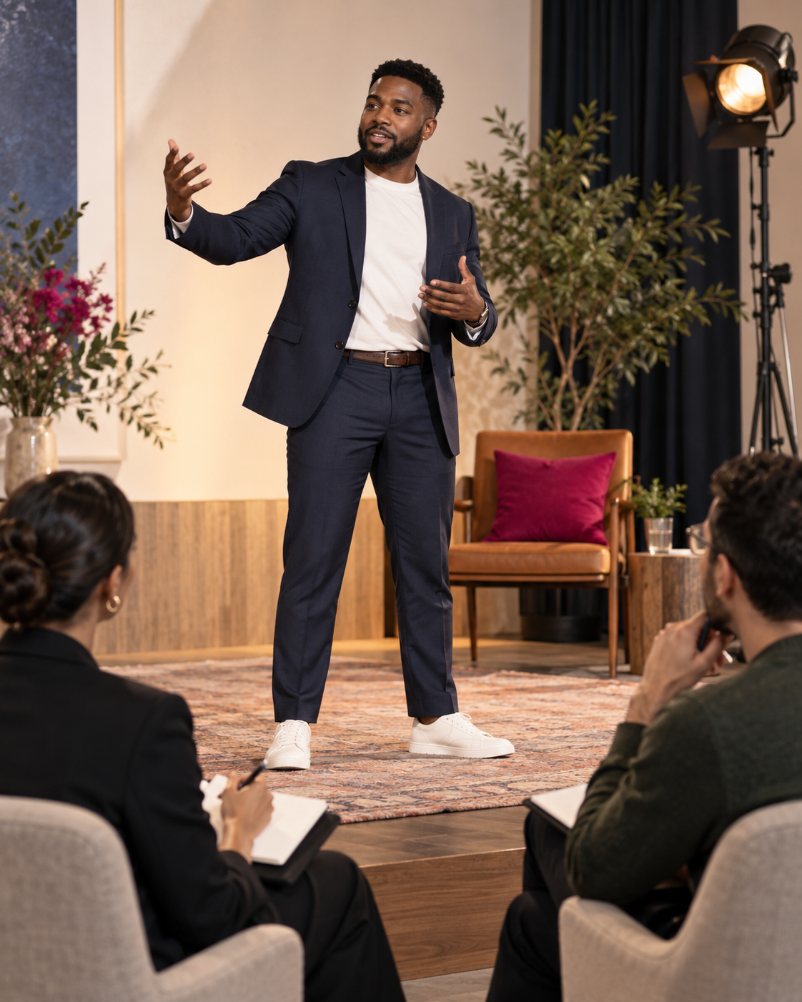 Man in a dark suit giving a presentation to an audience in a cozy, well-decorated room.