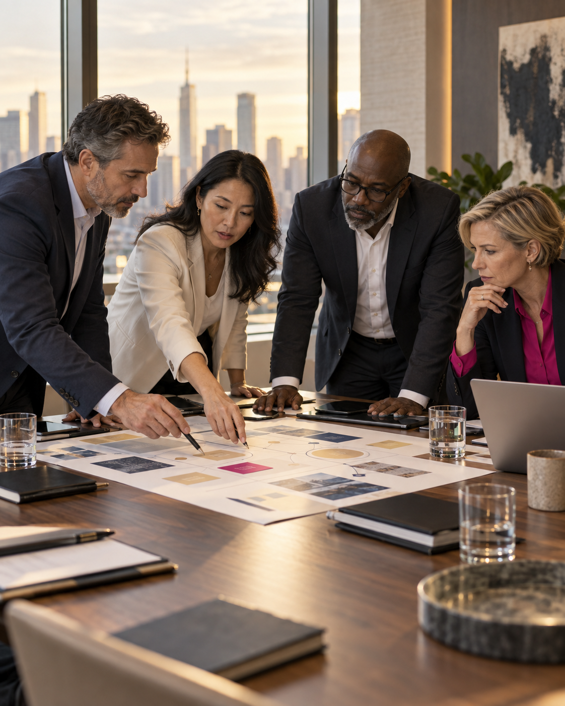 Five business professionals gathered around a conference table reviewing documents and making notes during a meeting in a modern office with city skyline view.