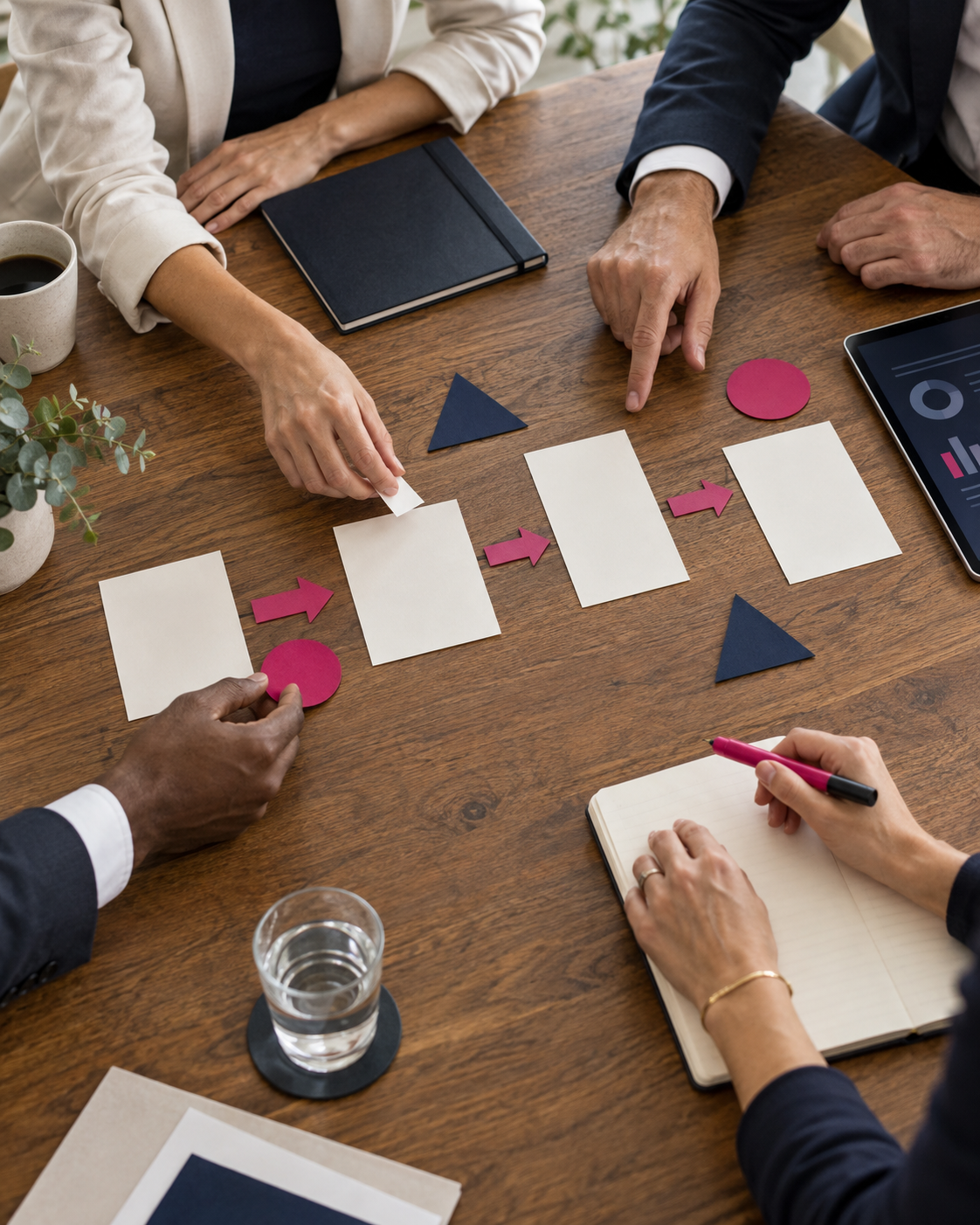 People working on a project with paper notes, arrows, and shapes on a wooden table, with notebooks, a tablet, a glass of water, and a coffee mug nearby.