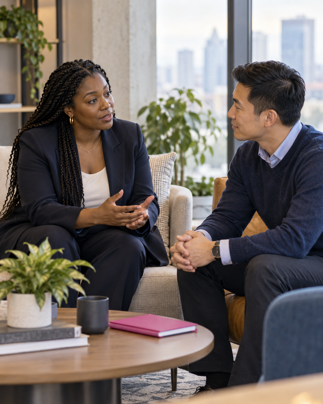 A woman and man sitting on a sofa having a conversation in a modern office or lounge with large windows, plants, and city skyline in the background.